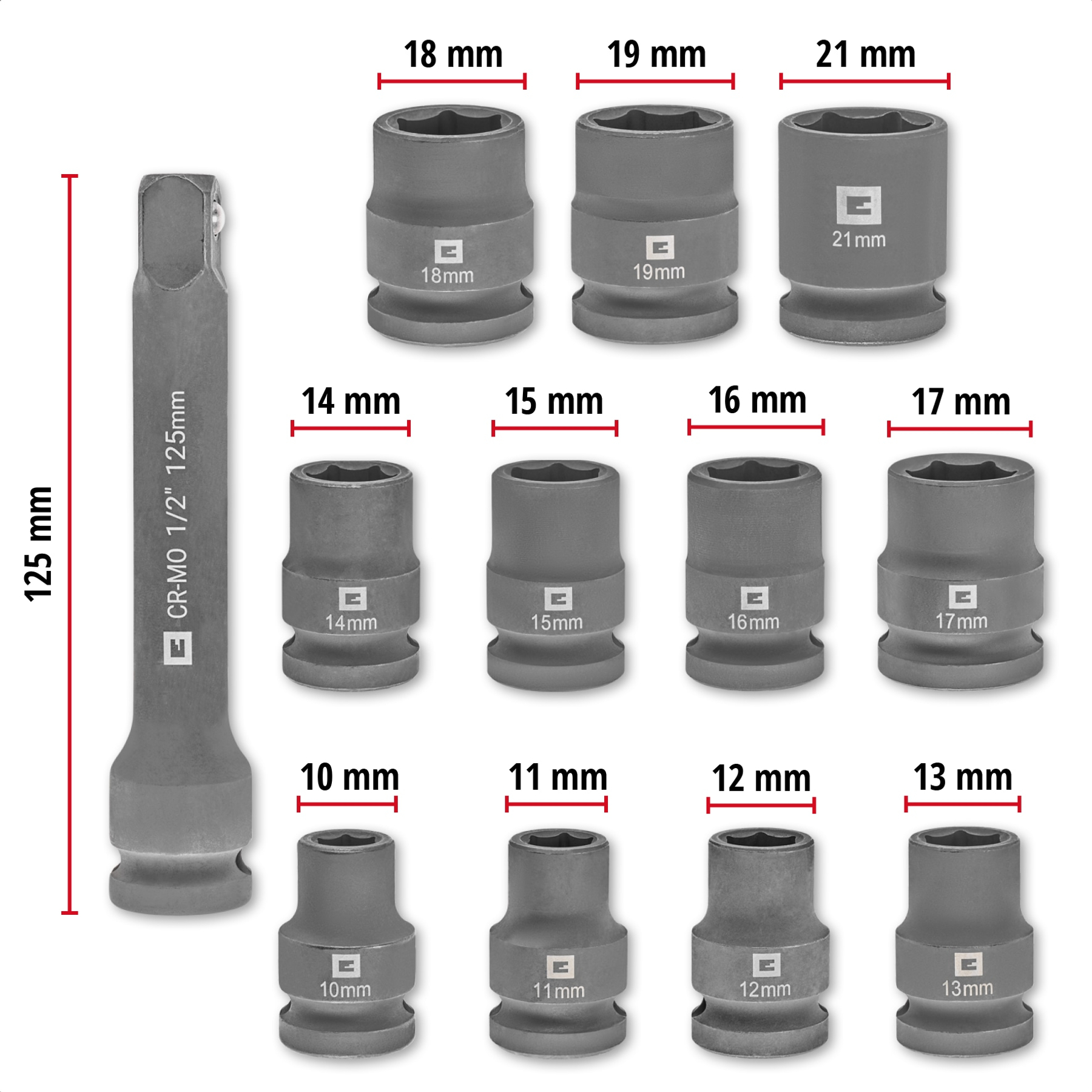 Das Bild zeigt einen Satz Steckschlüssel in Größen von 10 mm bis 21 mm und eine Ratschenverlängerung.