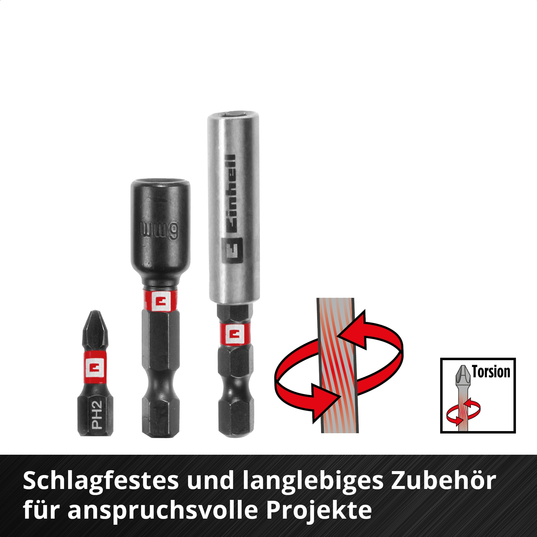 Das Bild zeigt Bohrer, ein Diagramm der Torsion und einen Text in Deutsch: Langlebiges Zubehör für anspruchsvolle Projekte.
