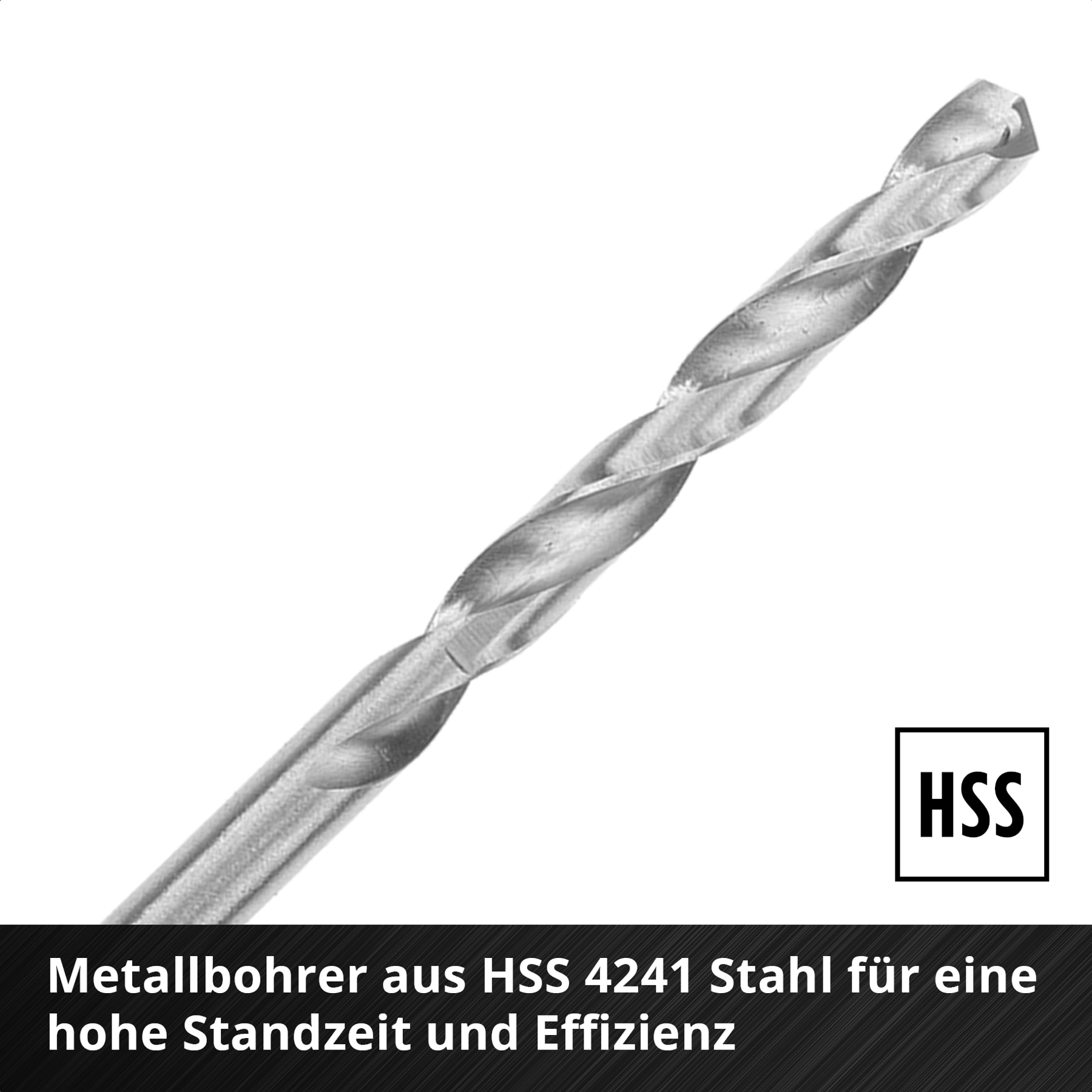 Ein silberner Metallbohrer mit einem gewundenen Design. Das Etikett HSS befindet sich in einer schwarzen Box. Text unten.