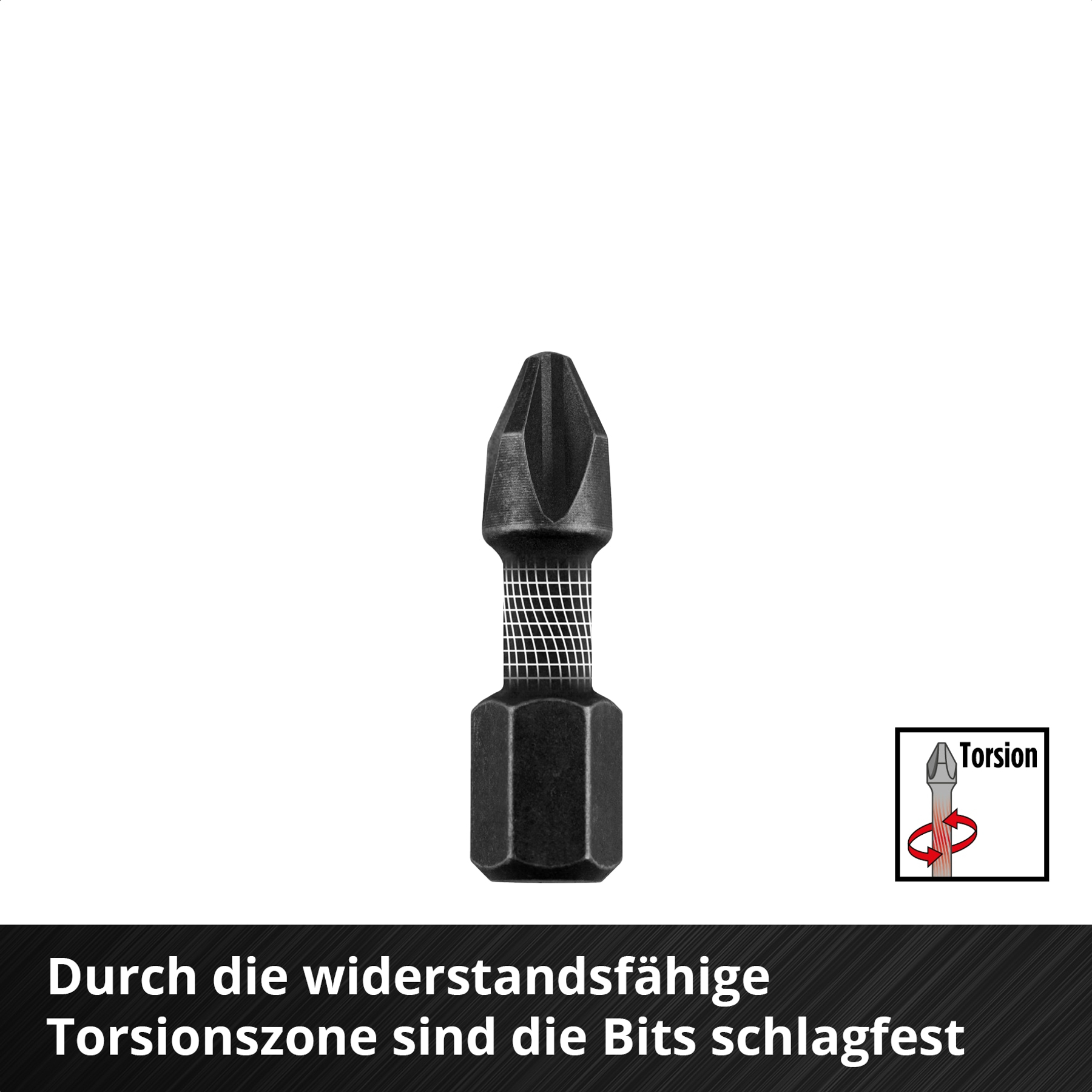Ein schwarzer Schraubendreherbit, eine Torsionszone und ein Torsionslogo werden auf weißem Hintergrund gezeigt. Text unten.