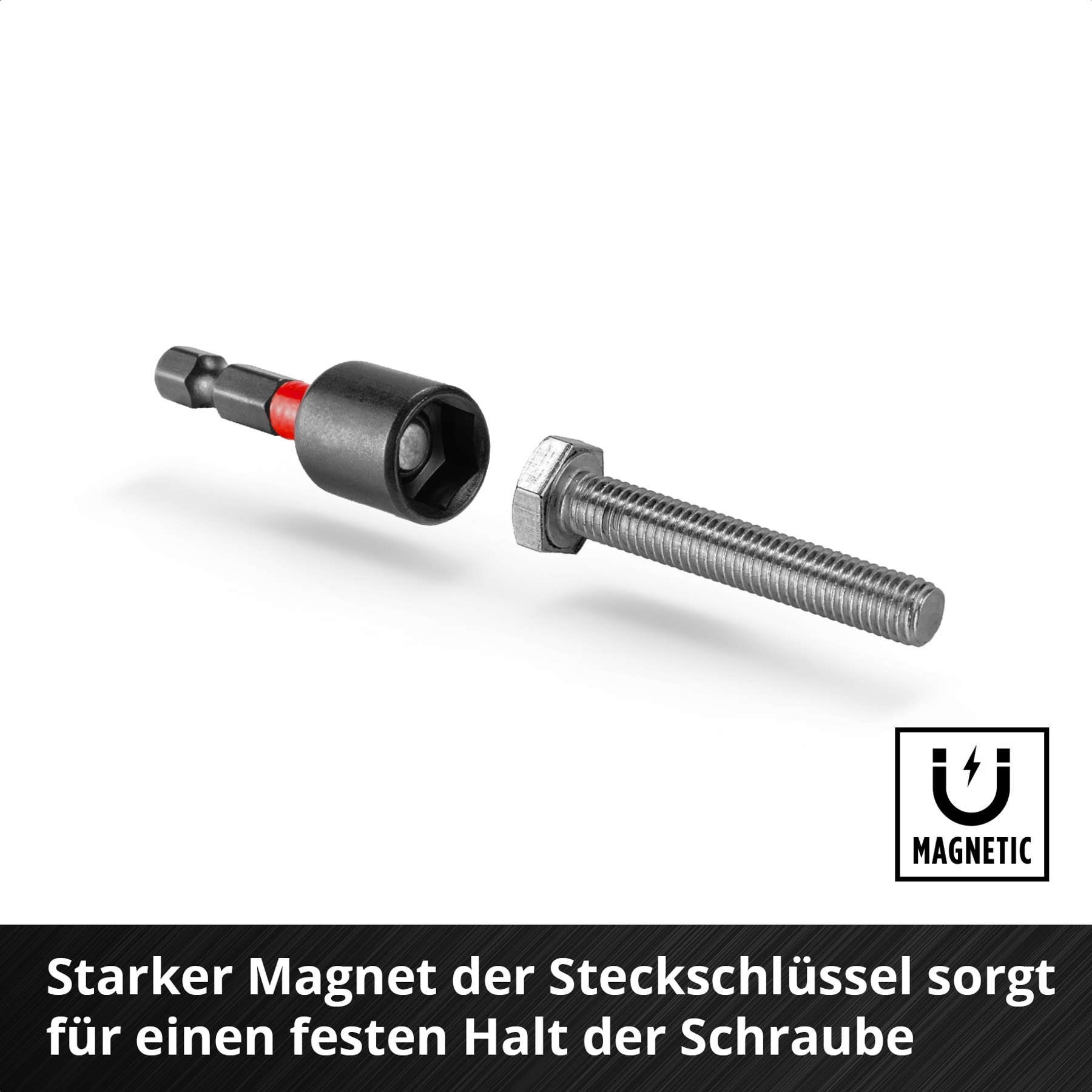 Schwarzer Steckschlüsselkopf mit rotem Band und silberner Schraube auf weißem Grund. Der Schraubenschlüssel ist nah.