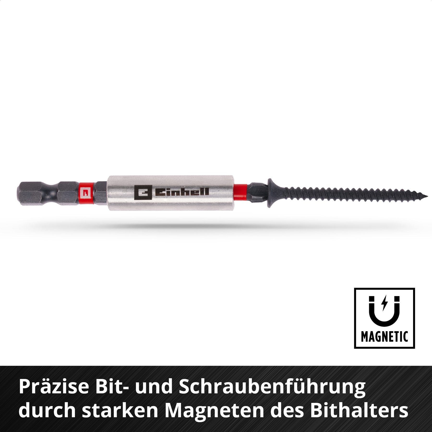 Ein Schraubendreherbit mit einer Schraube. Das Bit hat einen roten Ring und wird von einem silbernen Magnethalter gehalten. Ein Magnetsymbol.