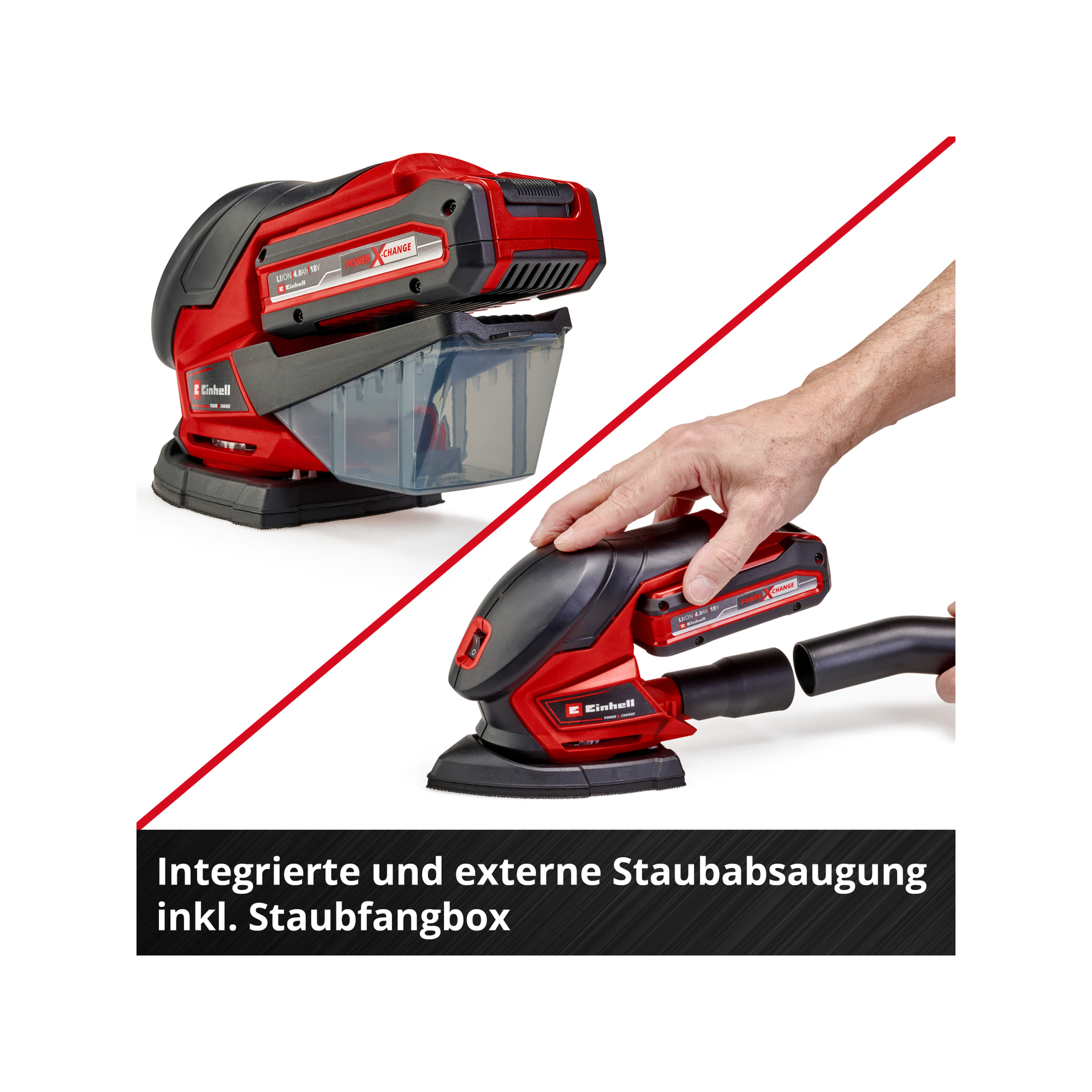 Das Bild zeigt einen rot-schwarzen Elektroschleifer mit einem Staubabsaugsystem. Eine Hand verbindet einen Schlauch mit dem Schleifer.