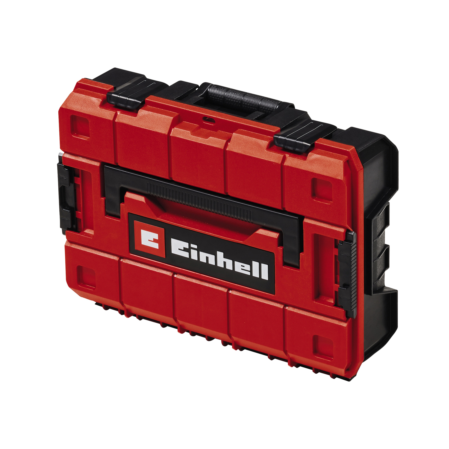 Roter und schwarzer Einhell Werkzeugkoffer auf weißem Hintergrund, mit Griff und Logo.