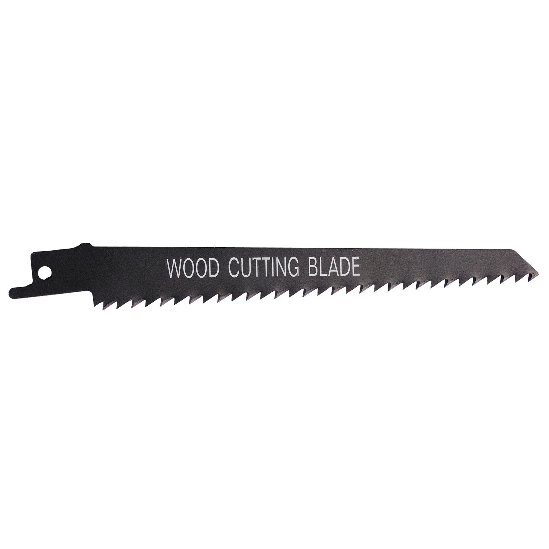 Czarny brzeszczot do drewna z ostrymi zębami, oznaczony 'WOOD CUTTING BLADE' na białym tle.