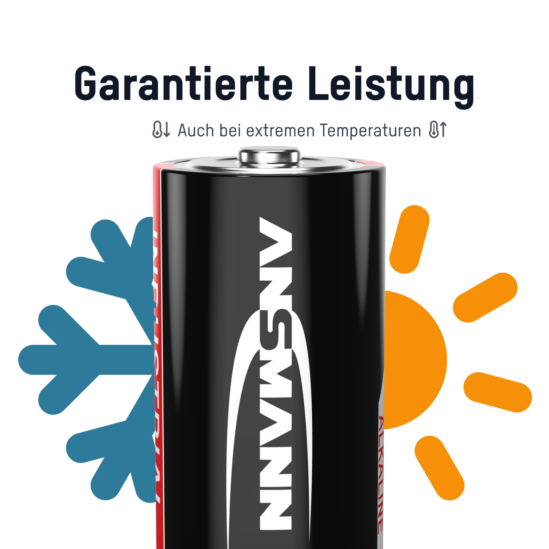 Eine schwarze Batterie mit weißem Text ANSMANN. Auf beiden Seiten befinden sich eine Schneeflocke und eine Sonne, was Leistung bei extremen Temperaturen anzeigt.