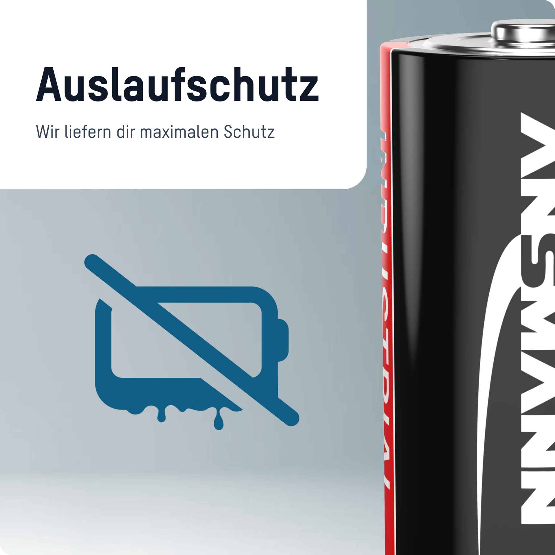 Das Bild zeigt eine Batterie mit rotem Streifen und dem Ansmann-Logo sowie einem durchgestrichenen Batteriesymbol, das vor Auslaufen schützt.