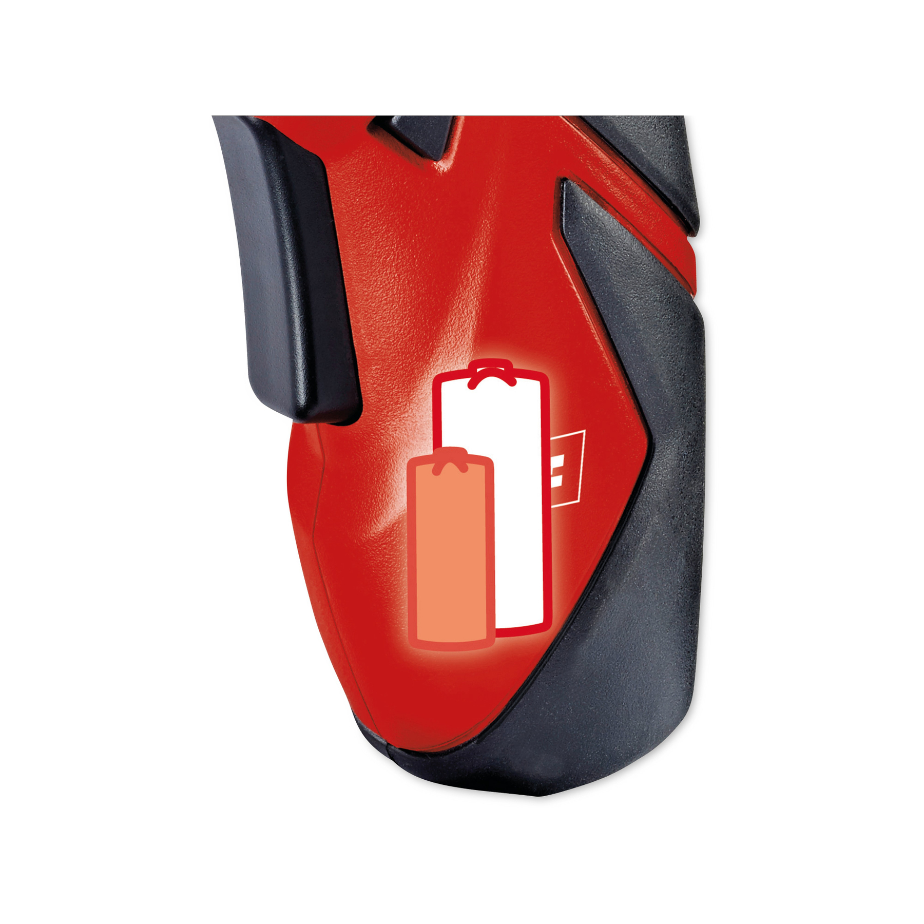 Rotes und schwarzes Gerät mit Batteriesymbolen. Ein weißes Rechteck und ein orangefarbenes Rechteck mit roter Umrandung sind sichtbar.