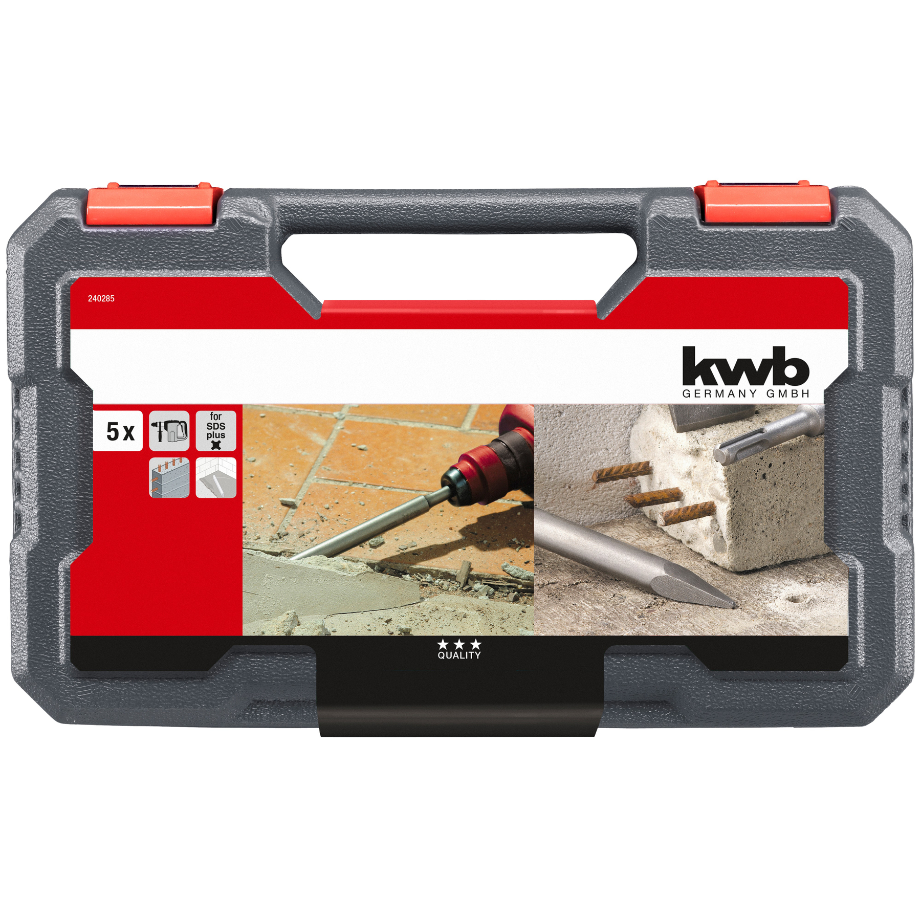Grauer Werkzeugkoffer mit roten Akzenten. Innen Bilder von Werkzeugen im Einsatz. Der Koffer ist mit 'kwb GERMANY GMBH' beschriftet.