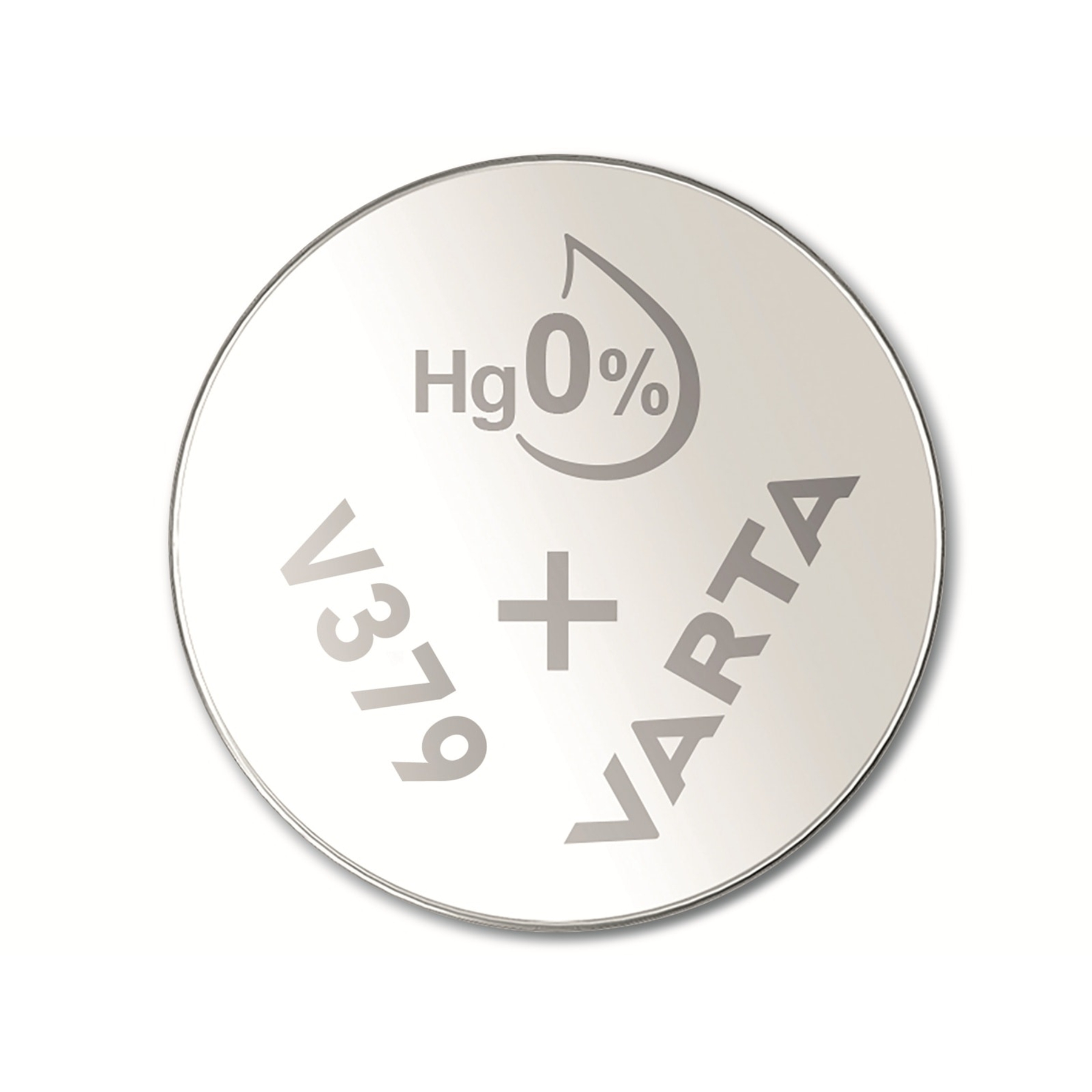 Una batteria VARTA rotonda con marchio Hg 0%. Il testo V379 è a sinistra e VARTA a destra, con un segno più al centro.
