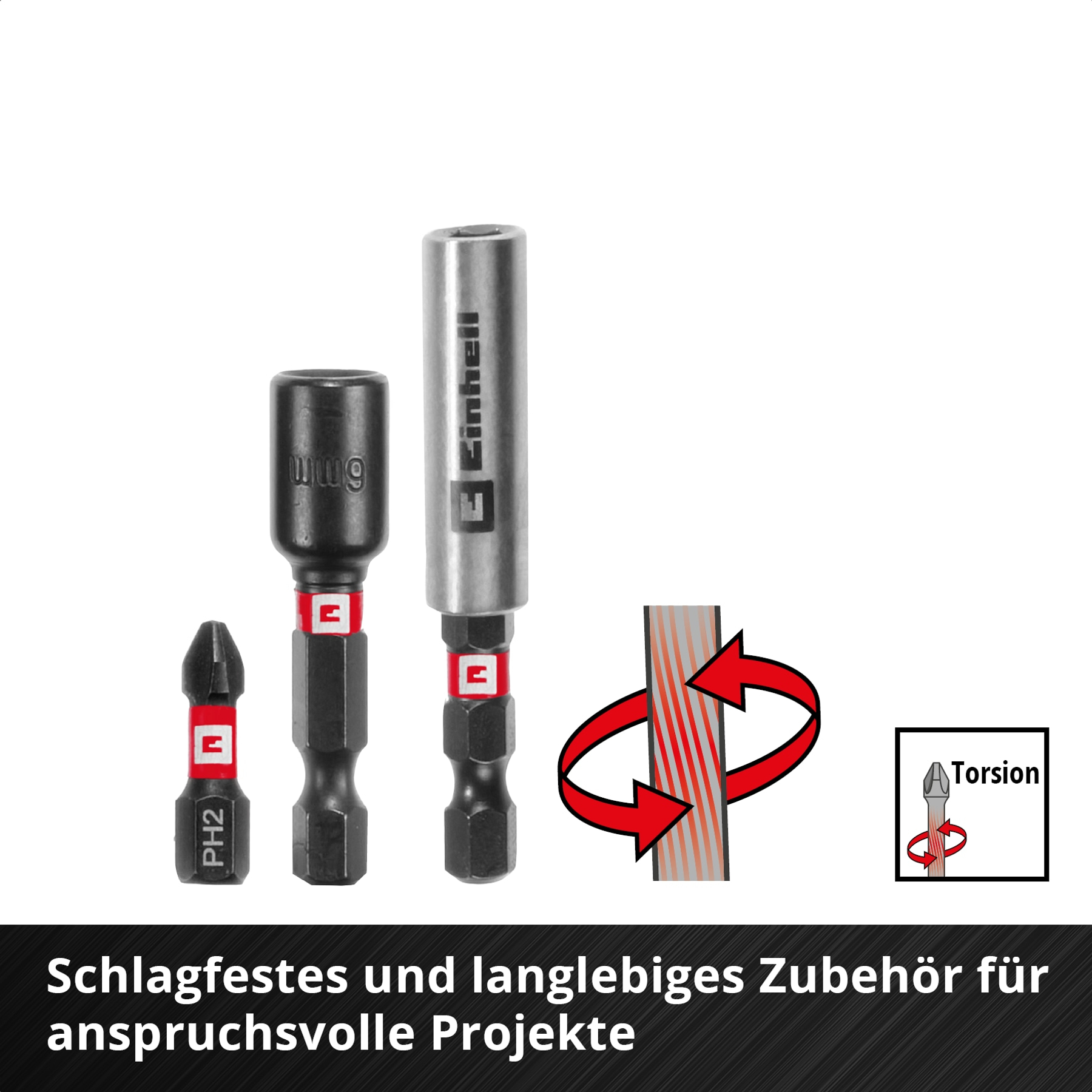 Das Bild zeigt schwarze Bohrer und Halter. Ein Diagramm zeigt die Torsionswirkung. Der Text unten lautet 'Schlagfestes und langlebiges Zubehör'.