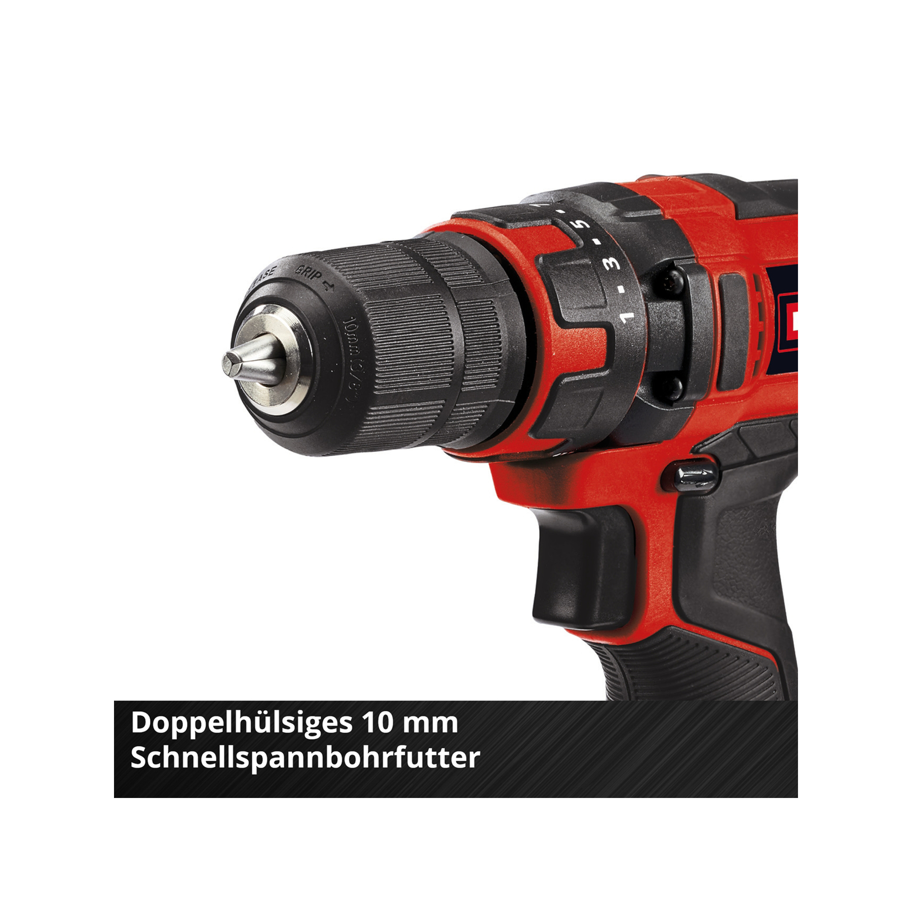 Zbliżenie czerwono-czarnej wiertarki. Widoczny wiertło. Tekst na dole: 'Doppelhülisges 10 mm Schnellspannbohrfutter'.