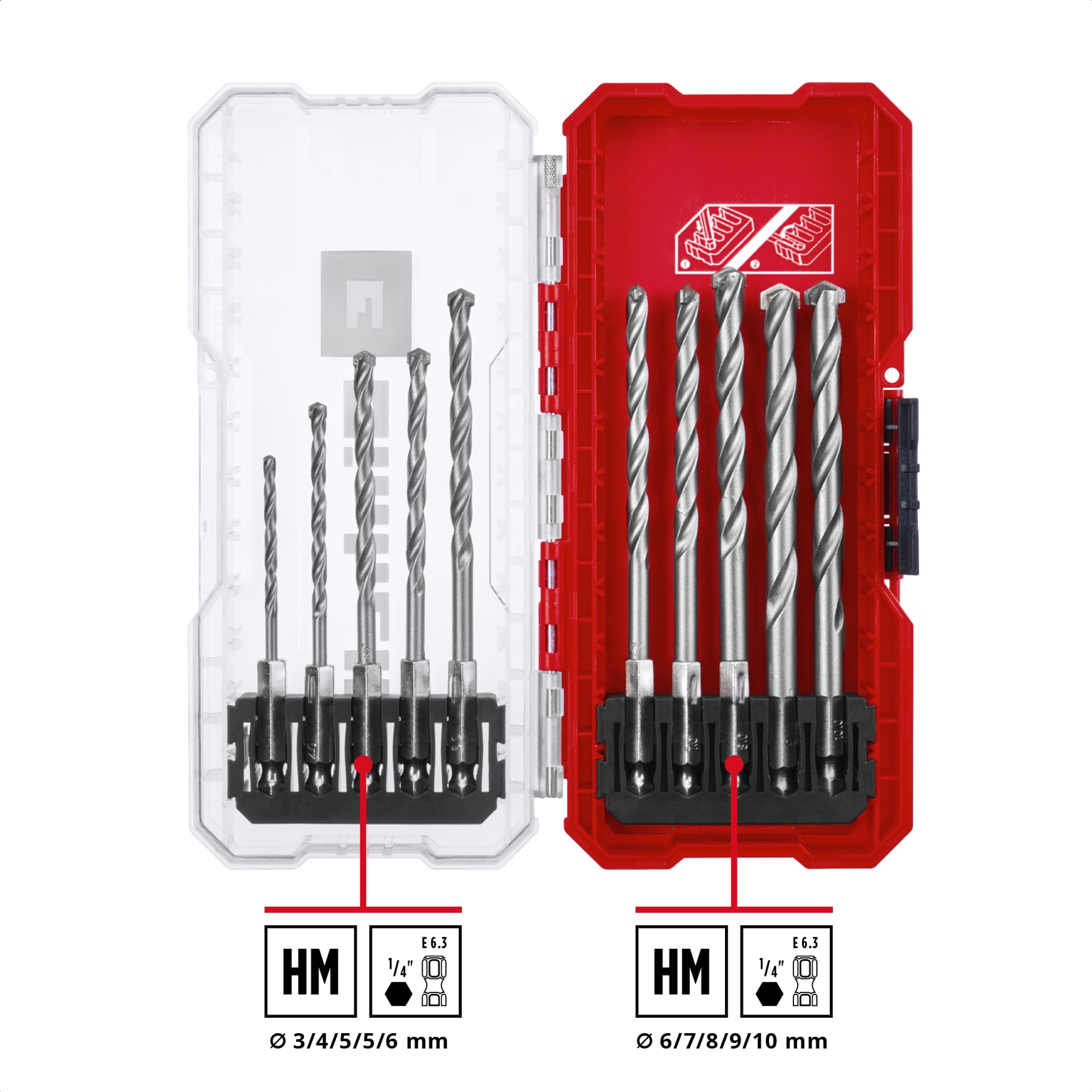 Bohrer-Set in zwei transparenten und roten Kästen. Jeder Kasten zeigt Bohrer unterschiedlicher Größen. Text und Symbole sind ebenfalls vorhanden.