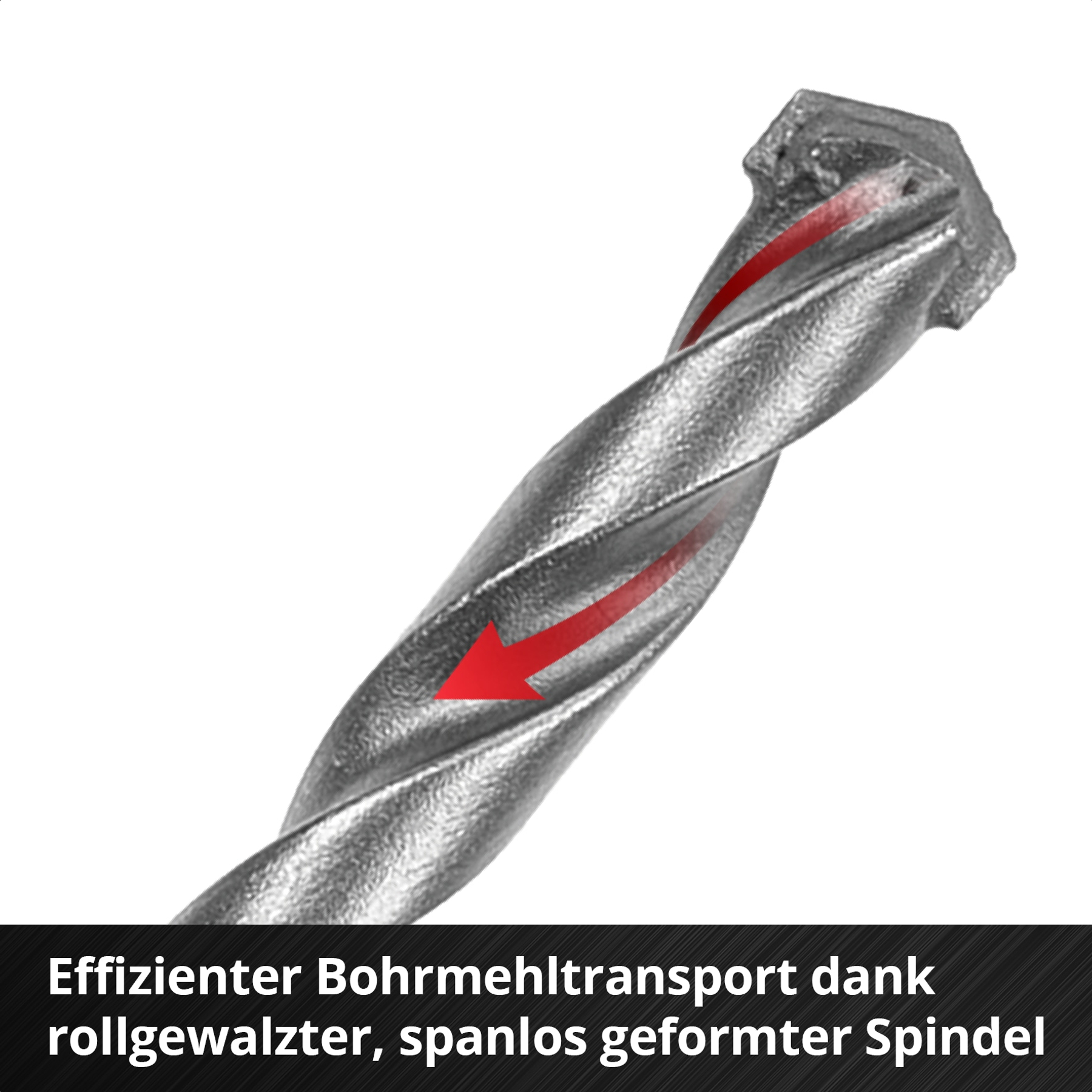 Ein metallischer Bohrer mit gedrehtem Design und roten Pfeilen, die den Materialtransport anzeigen. Der Hintergrund ist weiß.
