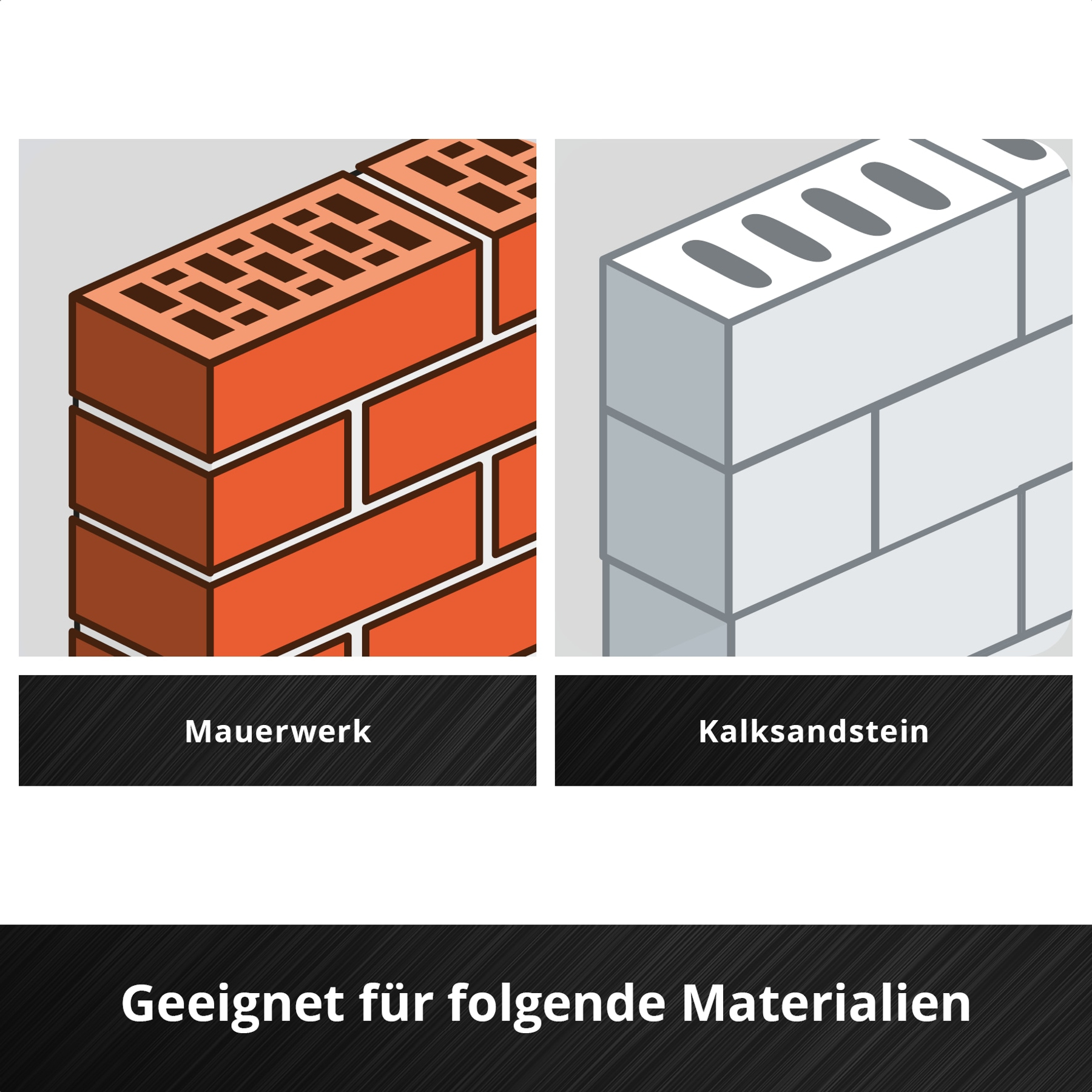 Das Bild zeigt zwei Ziegelmuster: eines rot und eines grau. Darunter stehen die Wörter Mauerwerk bzw. Kalksandstein.