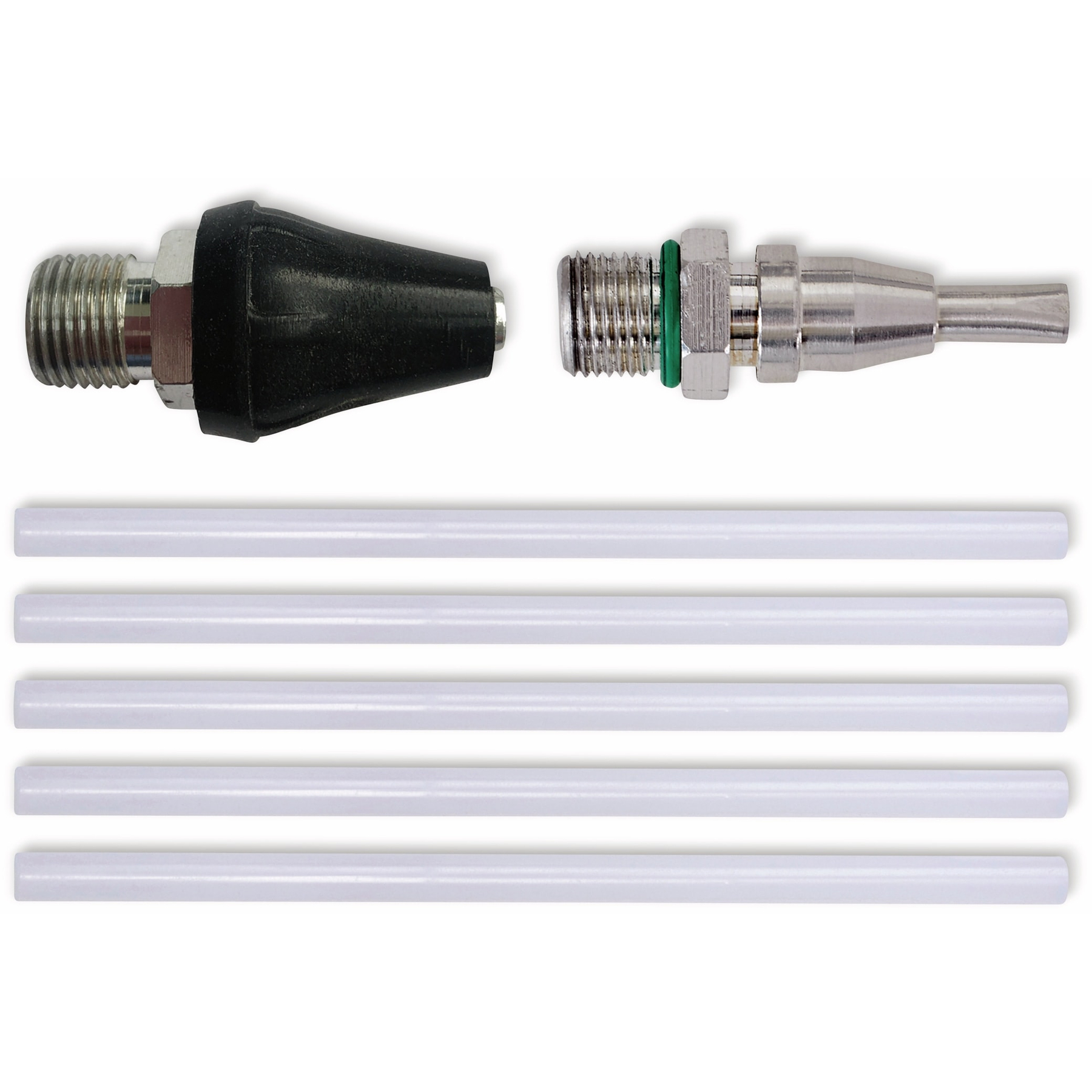 Obraz pokazuje dwa metalowe złączki z czarną gumą i zielonym pierścieniem oraz cztery białe plastikowe pręty na białym tle.