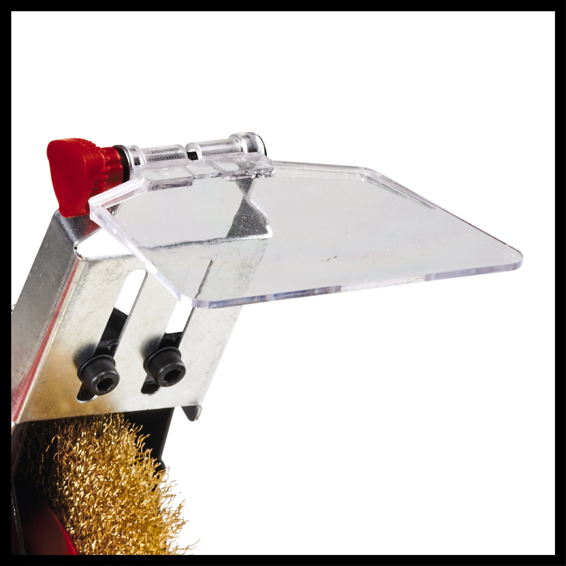 Zbliżenie metalowego narzędzia z przezroczystą plastikową osłoną i czerwonym elementem. Widoczna jest mosiężna szczotka.