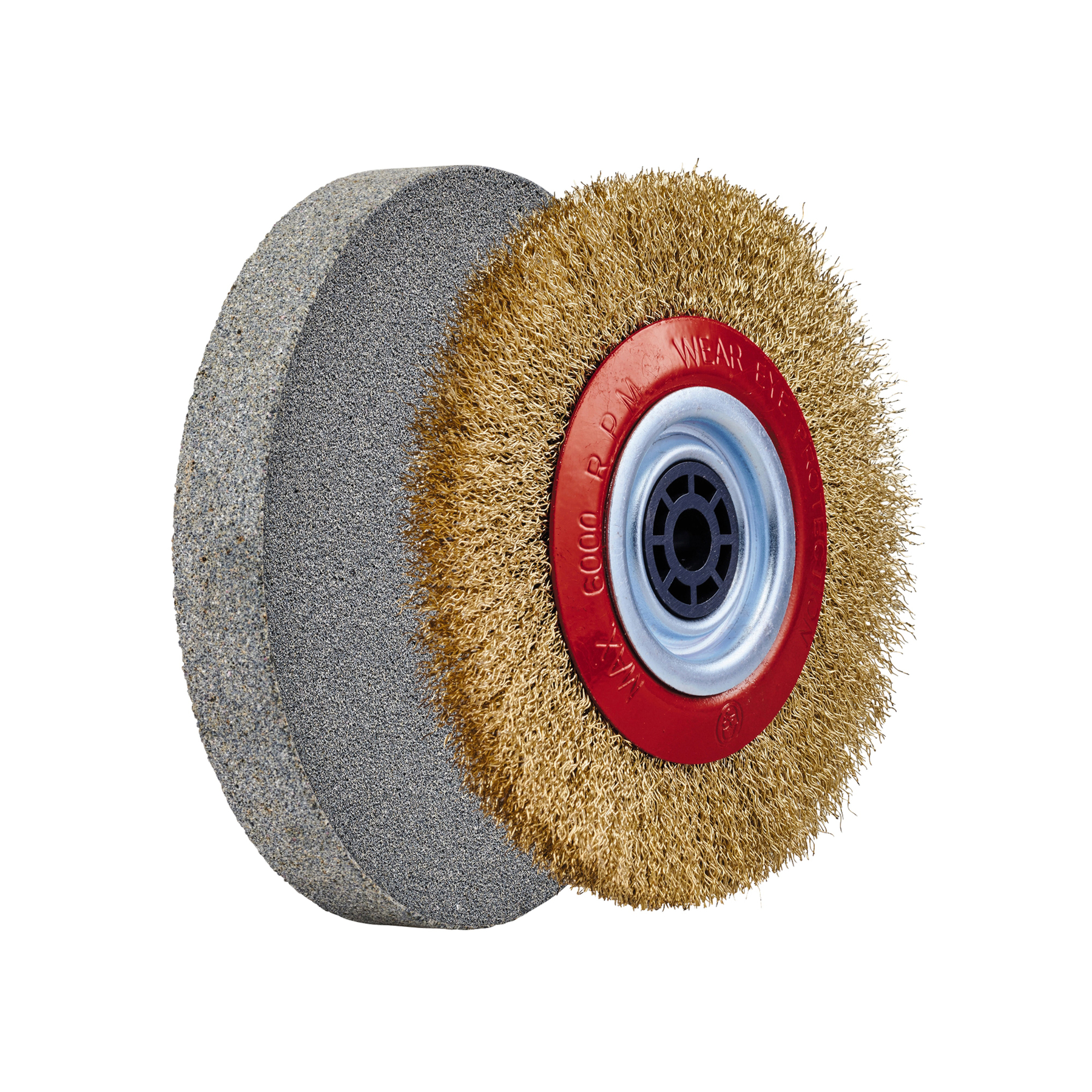 Tarcza ścierna ze szczotką drucianą. Tarcza szara, szczotka złota z czerwoną obwódką, na białym tle.