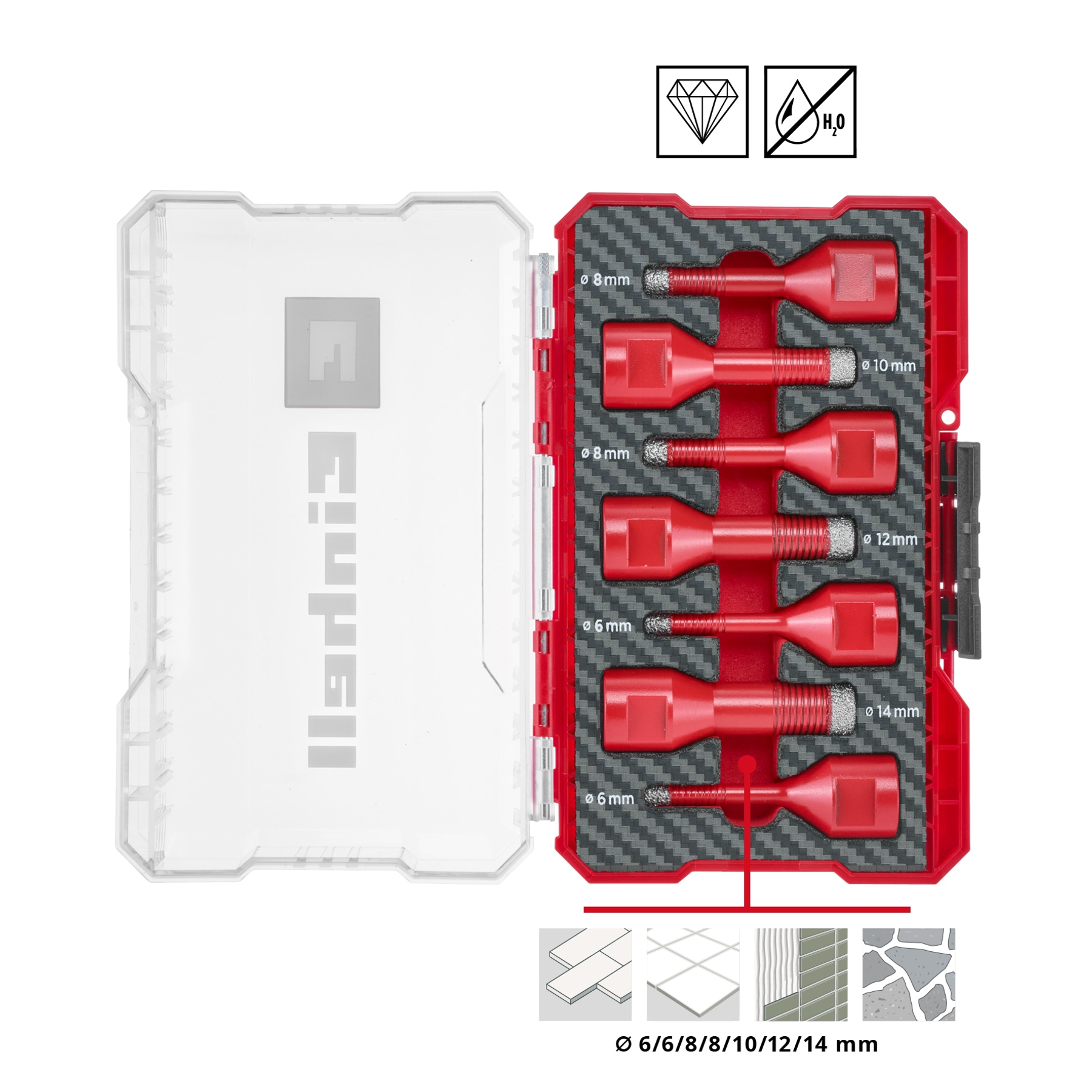 Ein rotes Bohrer-Set in einem Koffer. Die Bits sind in verschiedenen Größen erhältlich, gekennzeichnet mit Durchmessern von 6 mm bis 14 mm.