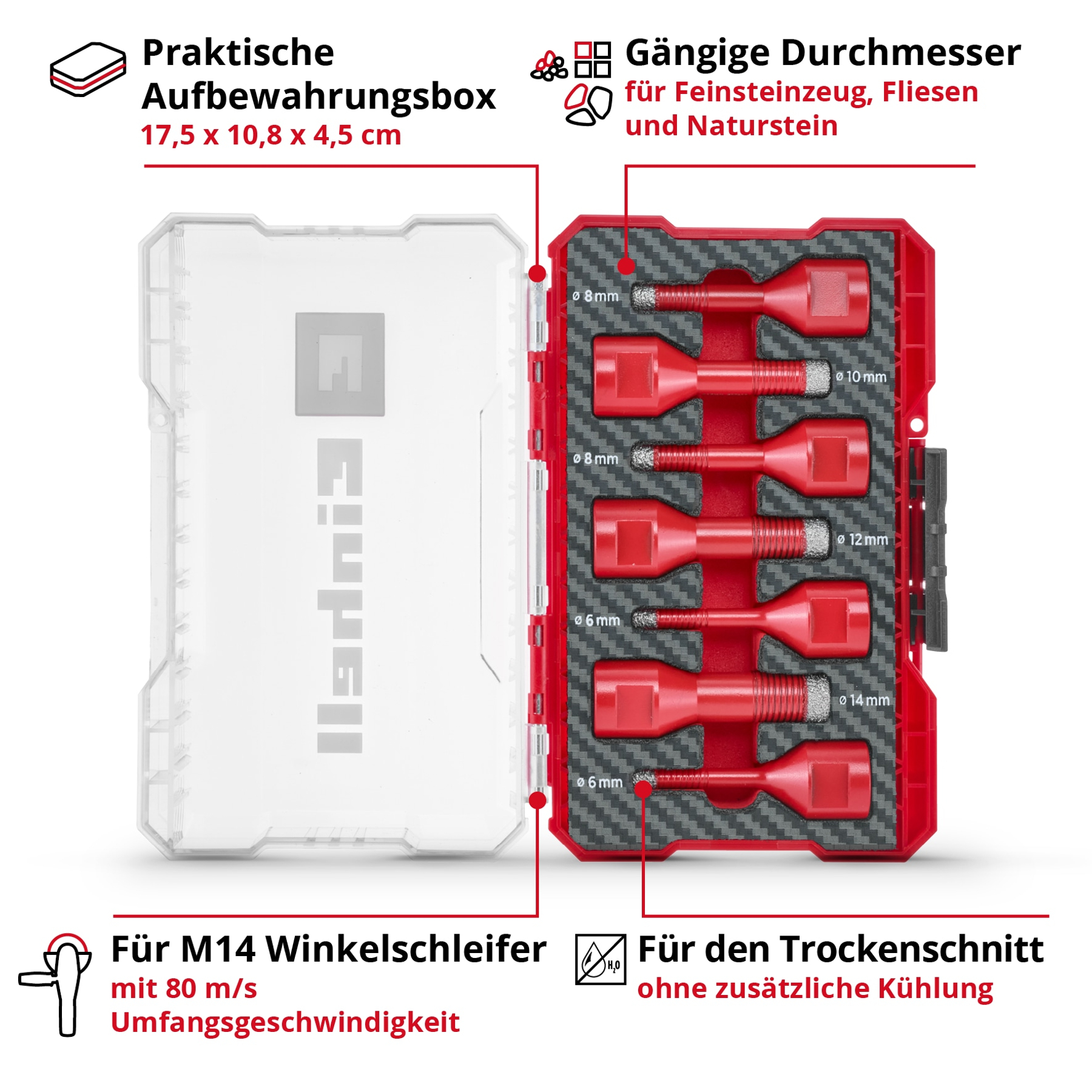 Rote Bohrer in einem rot-grauen Koffer. Größen sind markiert. Text enthält Abmessungen und Verwendung für verschiedene Materialien.