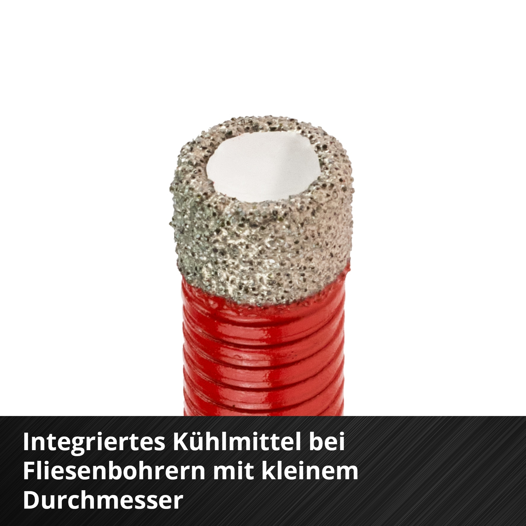 Nahaufnahme eines Bohrers. Er hat einen strukturierten, silberfarbenen Kopf mit weißem Innenraum. Der Körper ist rot und zylindrisch.