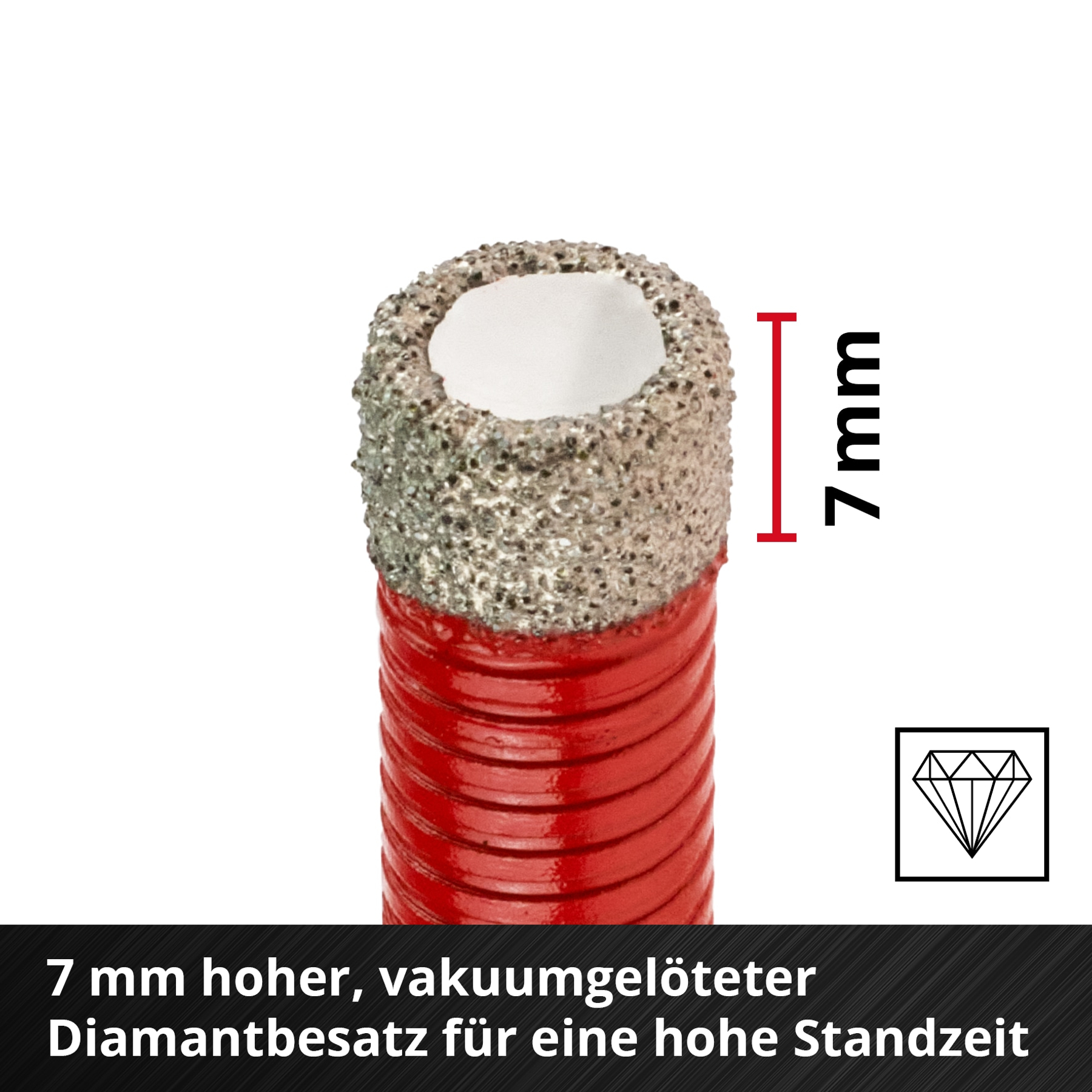 Ein roter und silberner Bohrer mit einer 7-mm-Messung. Unten rechts befindet sich ein Diamantsymbol.