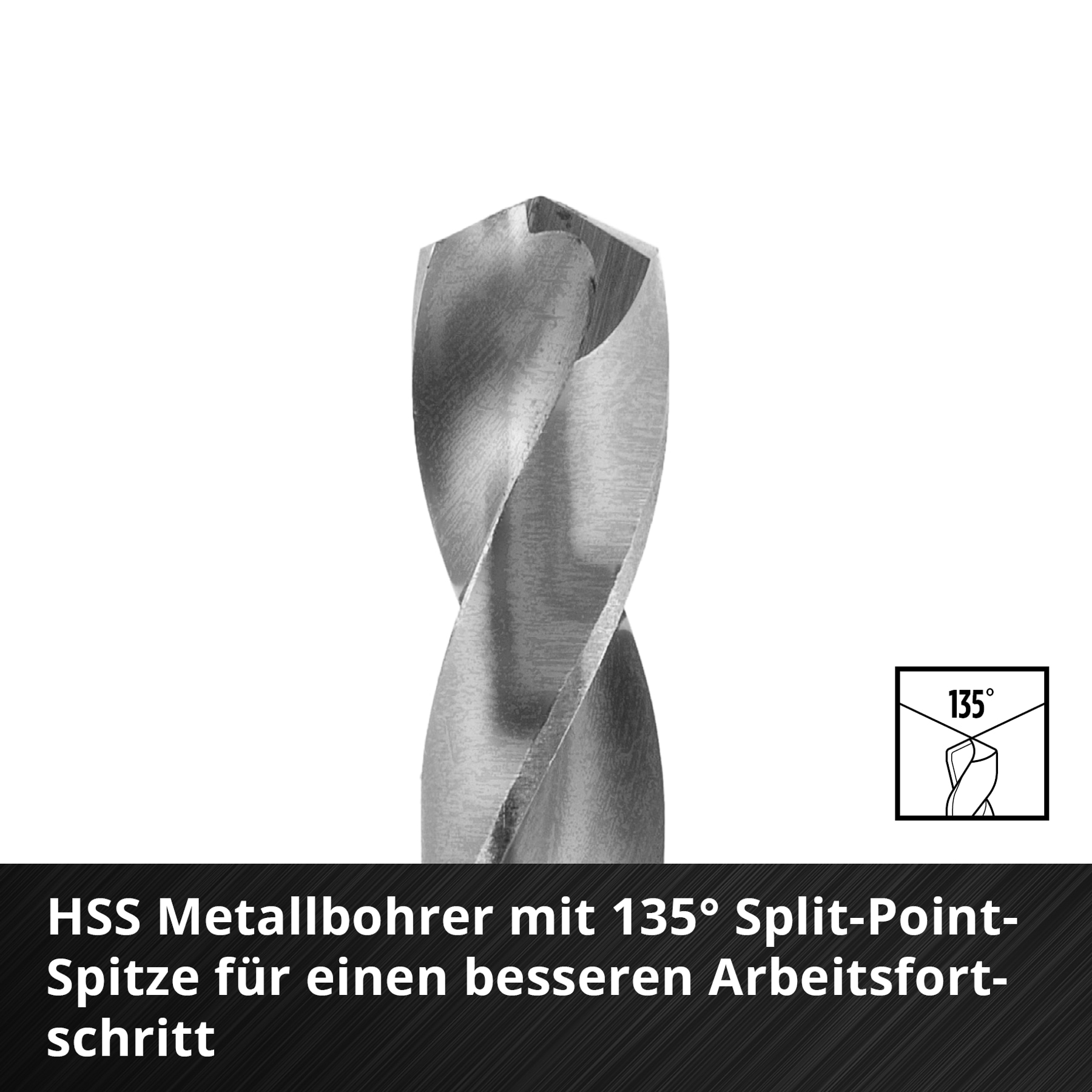 Nahaufnahme eines silbernen Bohrers mit 135° Split-Point. Text darunter: 'HSS Metallbohrer mit 135° Split-Point-Spitze'.