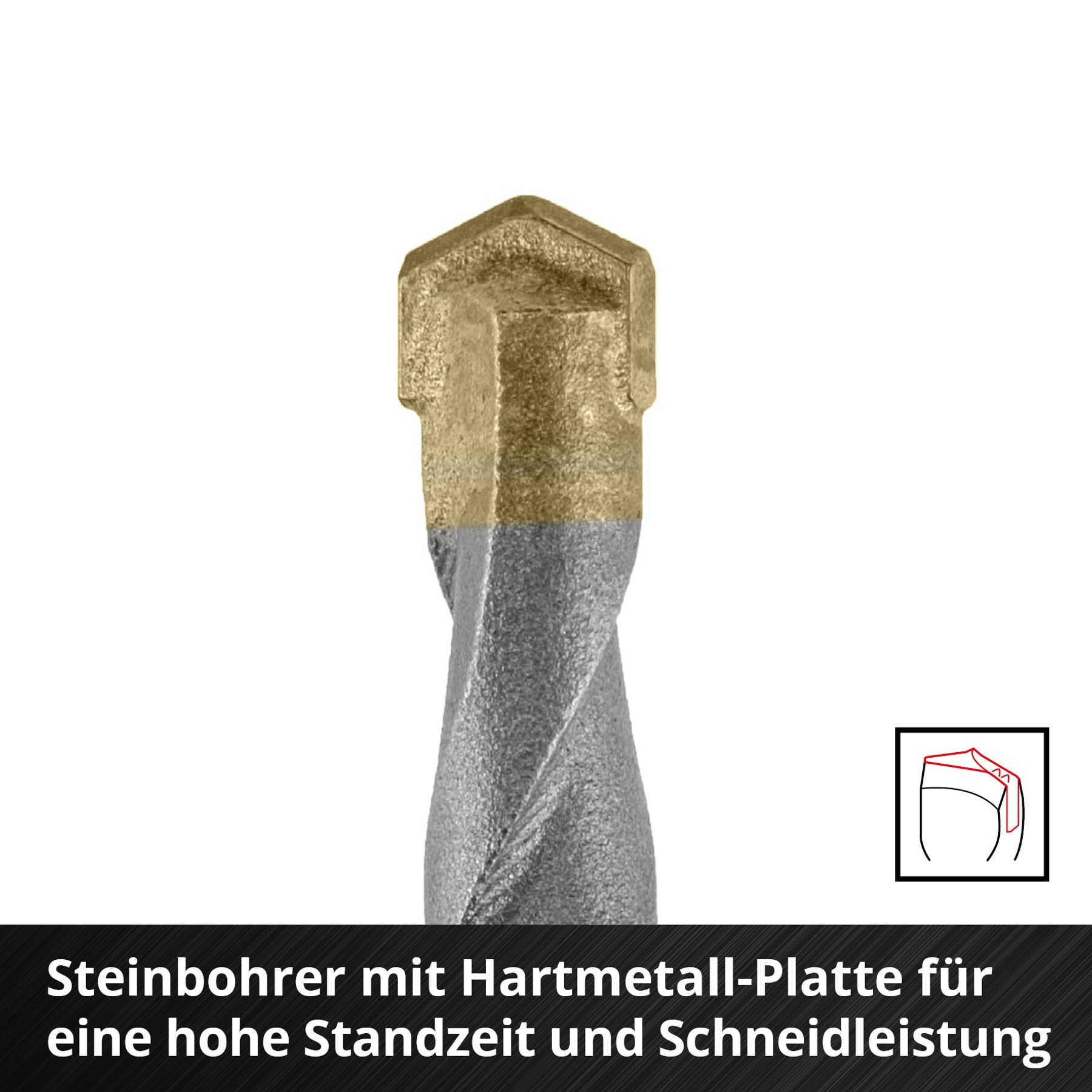 Ein Steinbohrer mit goldfarbener Spitze und silberfarbenem Schaft. Der Text lautet: 'Steinbohrer mit Hartmetallplatte'.