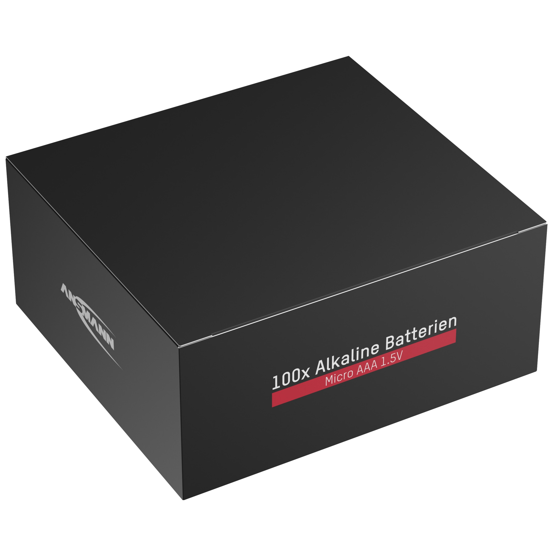 Schwarze Schachtel mit der Aufschrift '100x Alkaline Batterien'. Weißer Hintergrund. Der Markenname 'ANSMANN' ist sichtbar.