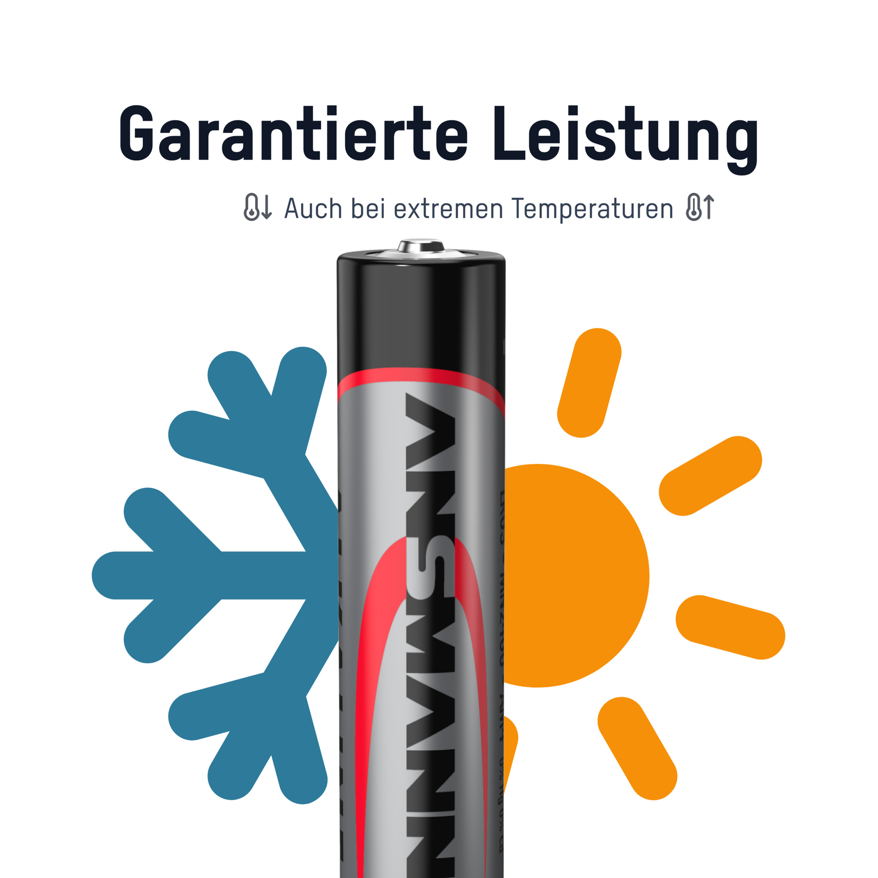 Das Bild zeigt eine Batterie mit einem Schneeflocken- und Sonnensymbol. Der Text lautet 'Garantierte Leistung' und 'Auch bei extremen Temperaturen'.
