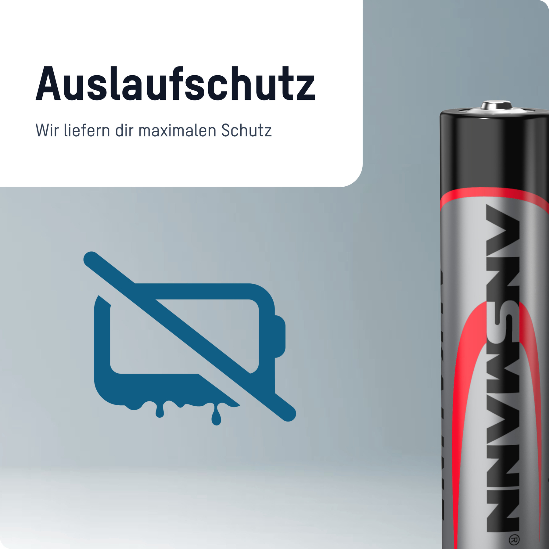 Das Bild zeigt eine Batterie mit schwarzem Deckel und rotem Streifen sowie ein durchgestrichenes Batteriesymbol mit Tropfen.