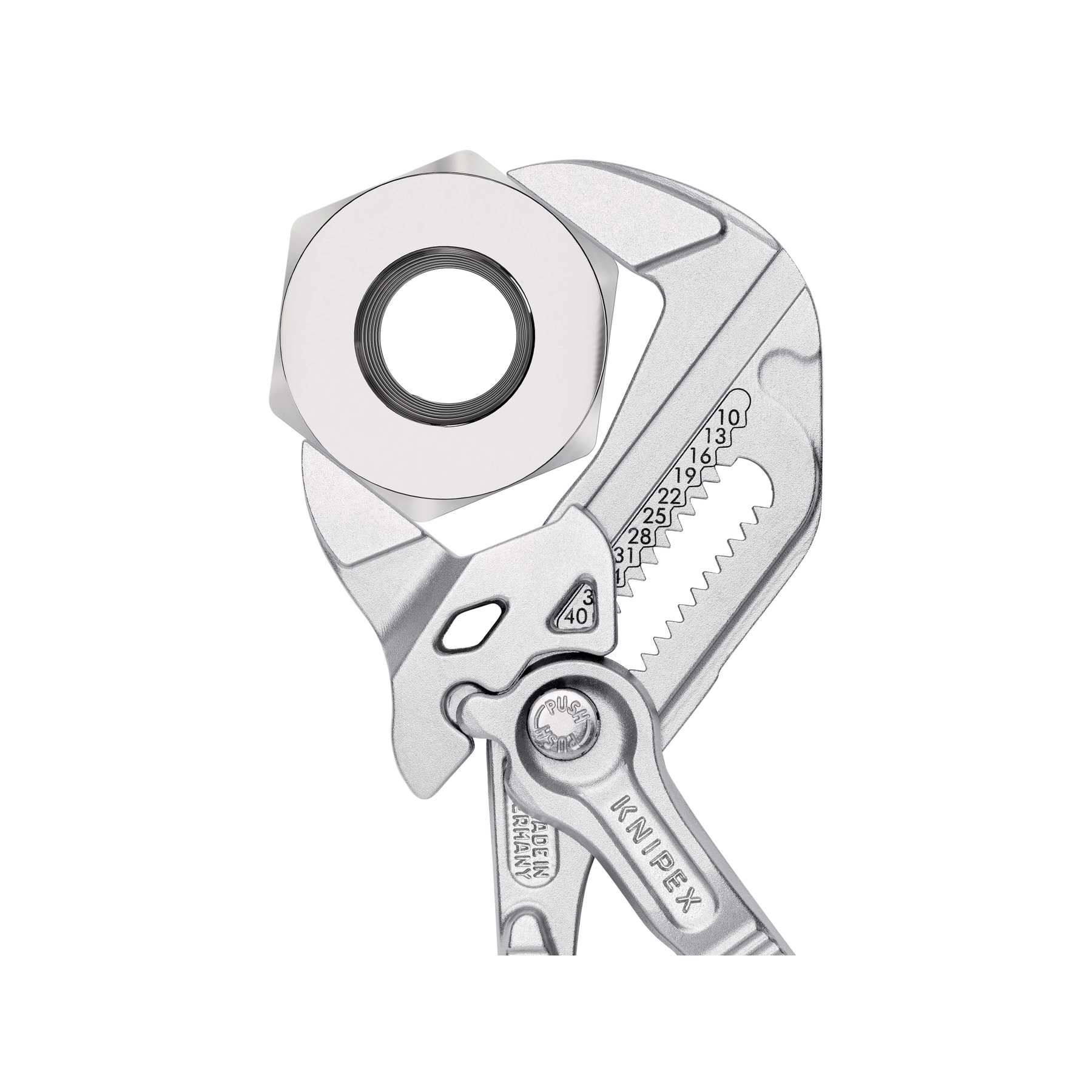 Zilveren tang die een zilveren moer vastgrijpt. De tang heeft meetindicatoren en de merknaam KNIPEX.