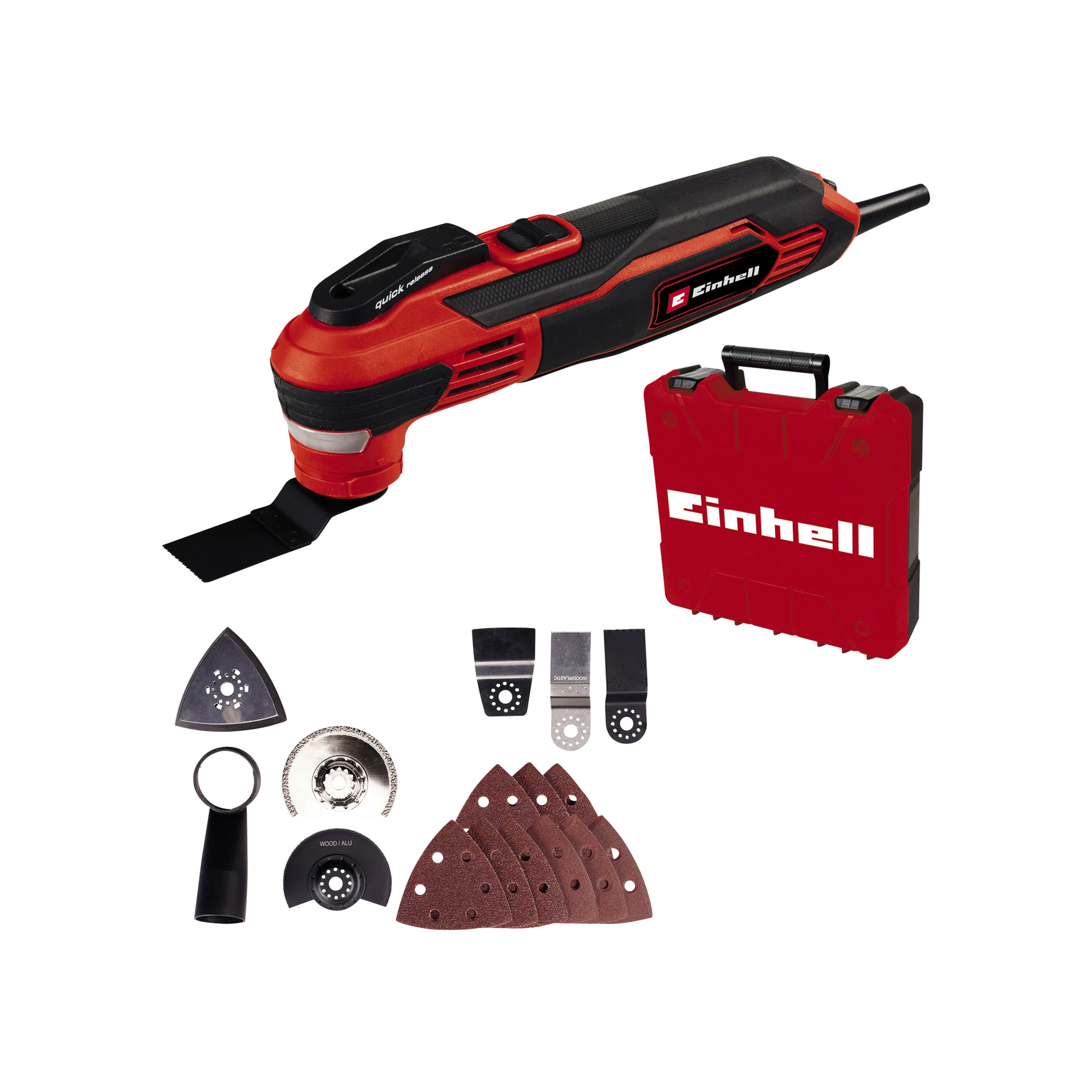 Czerwono-czarne narzędzie wielofunkcyjne Einhell z akcesoriami, w tym ostrzami, papierami ściernymi i czerwoną walizką, wszystko na białym tle.
