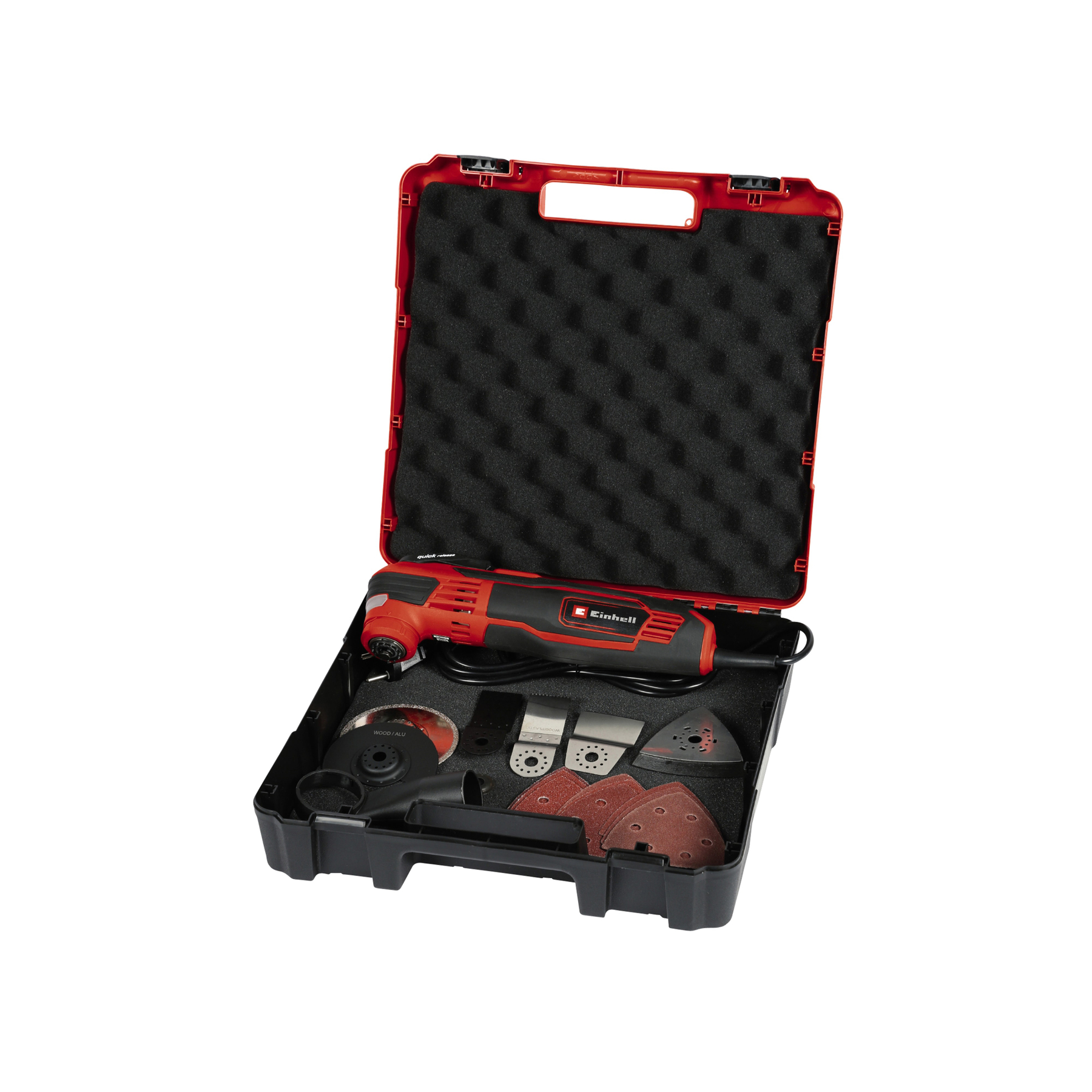 Czerwono-czarne narzędzie wielofunkcyjne Einhell w czarnej walizce z akcesoriami. Walizka jest otwarta, na białym tle.