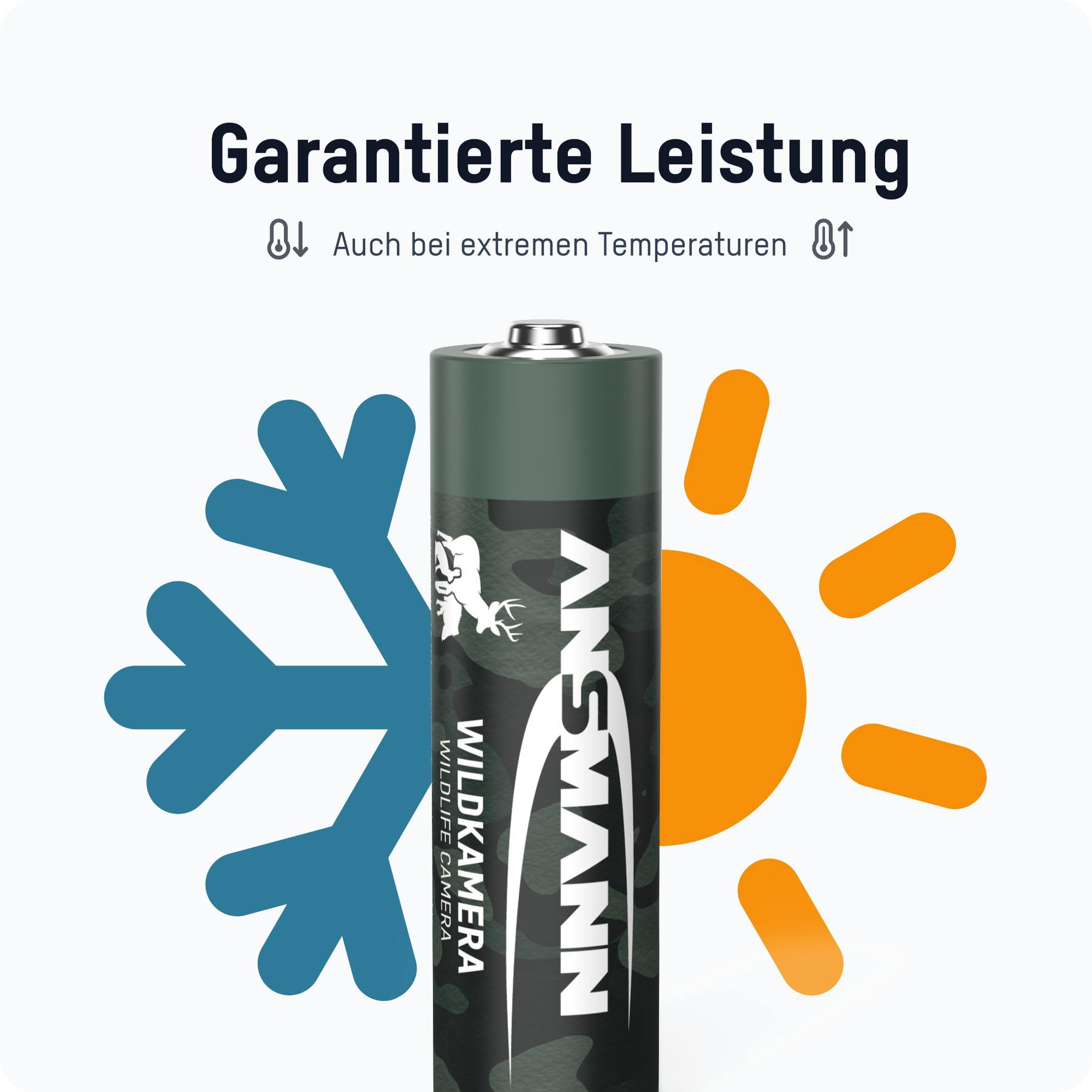 Batterij met sneeuwvlok- en zonpictogrammen. Tekst: Gegarandeerde prestaties, zelfs bij extreme temperaturen. ANSMANN WILDKAME.