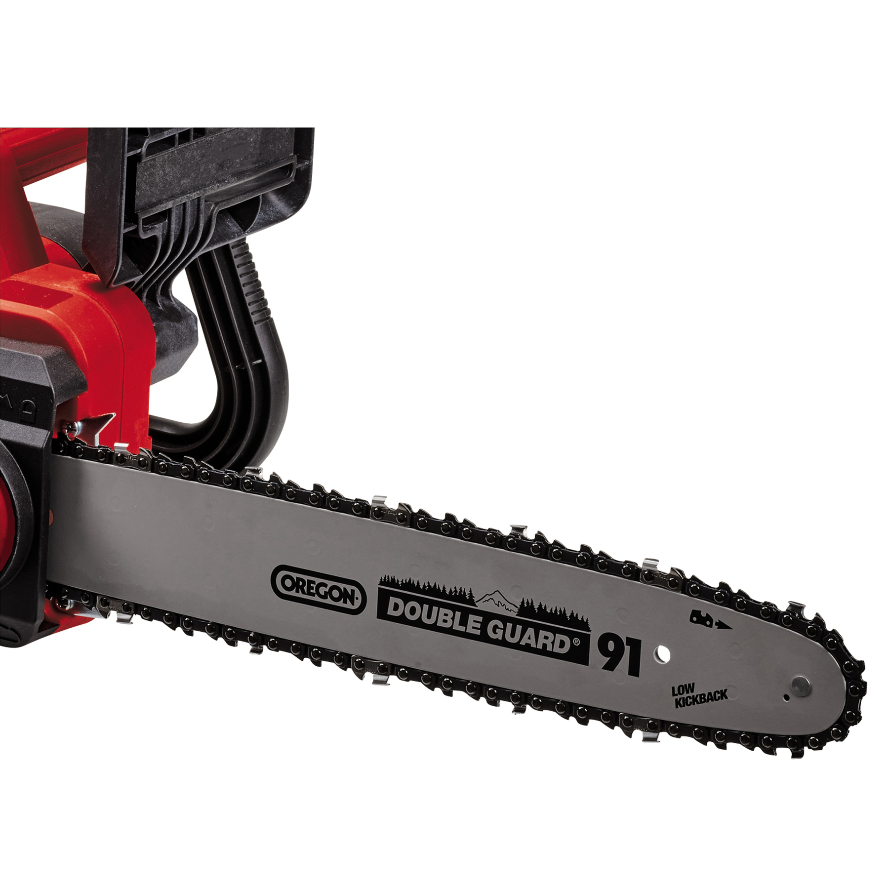 Pokazano czerwoną i czarną piłę łańcuchową. Ostrze jest srebrne z logo 'Oregon Double Guard'. Łańcuch jest czarny.
