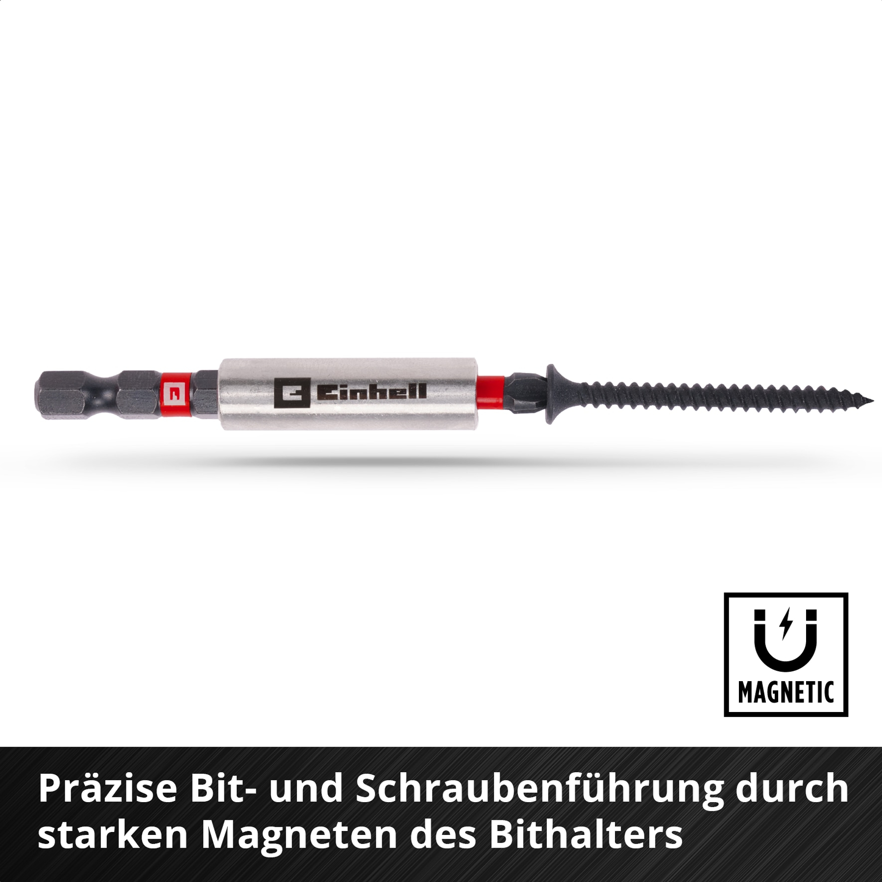 Ein Bohrer mit einer Schraube. Der Bohrer ist schwarz, mit einem silbernen Abschnitt und einem roten Ring. Die Schraube ist schwarz.