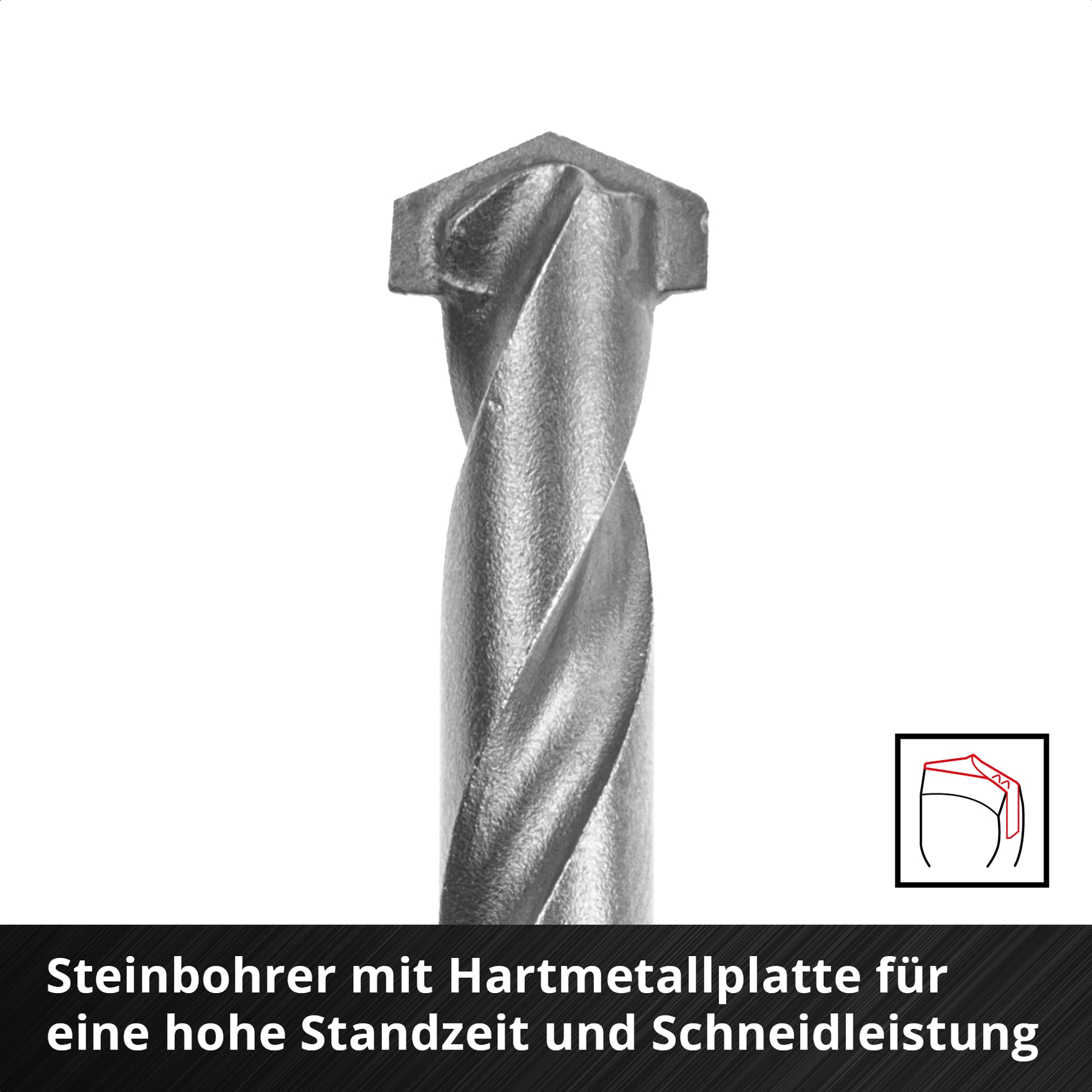 Nahaufnahme eines Bohrers. Der metallische Bohrer hat einen spiralförmigen Schaft und eine scharfe, abgewinkelte Spitze. Ein Diagramm ist in der Ecke.