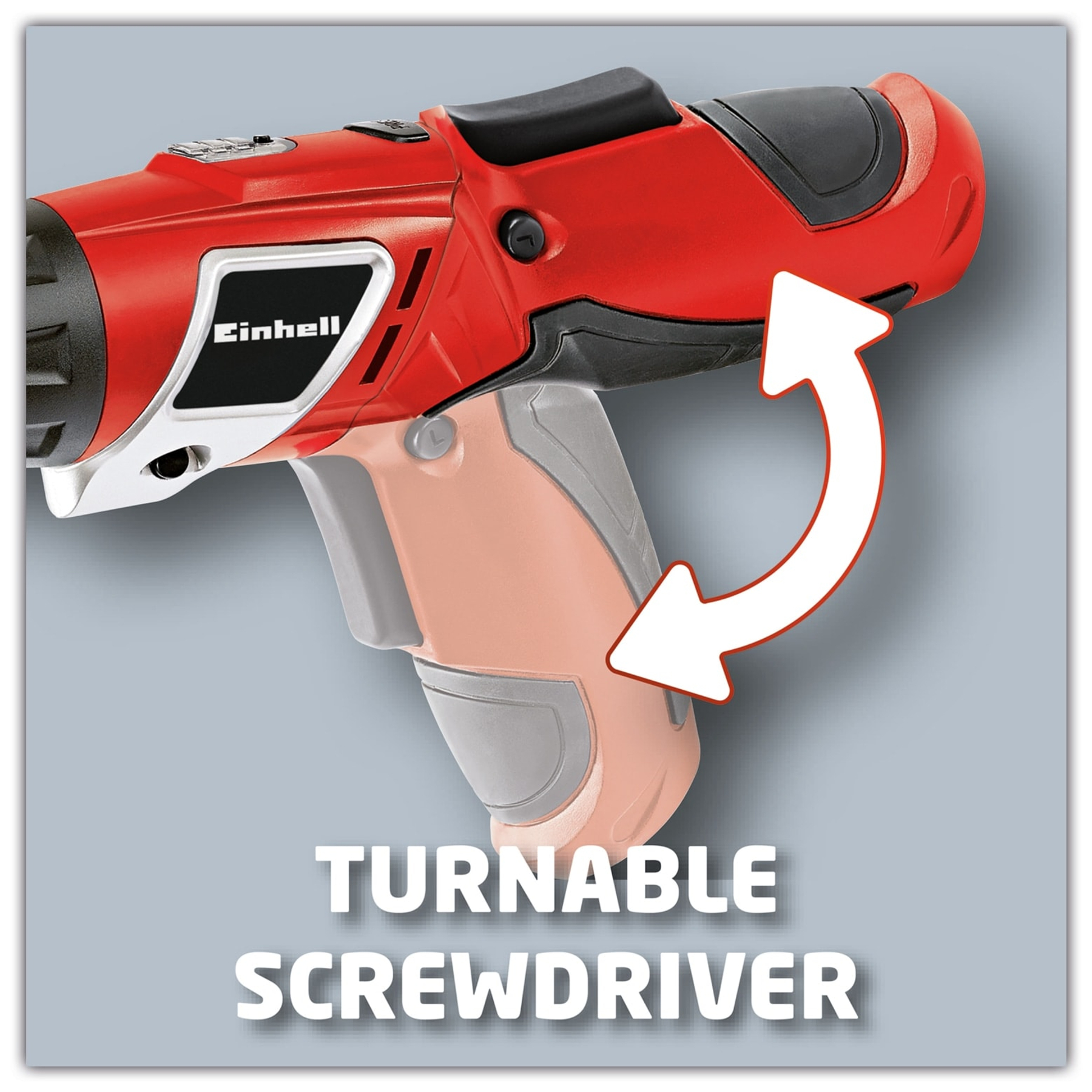 Czerwono-czarny wkrętak obrotowy Einhell. Biała strzałka wskazuje ruch obrotowy. Poniżej widoczny jest napis 'TURNABLE SCREWDRIVER'.