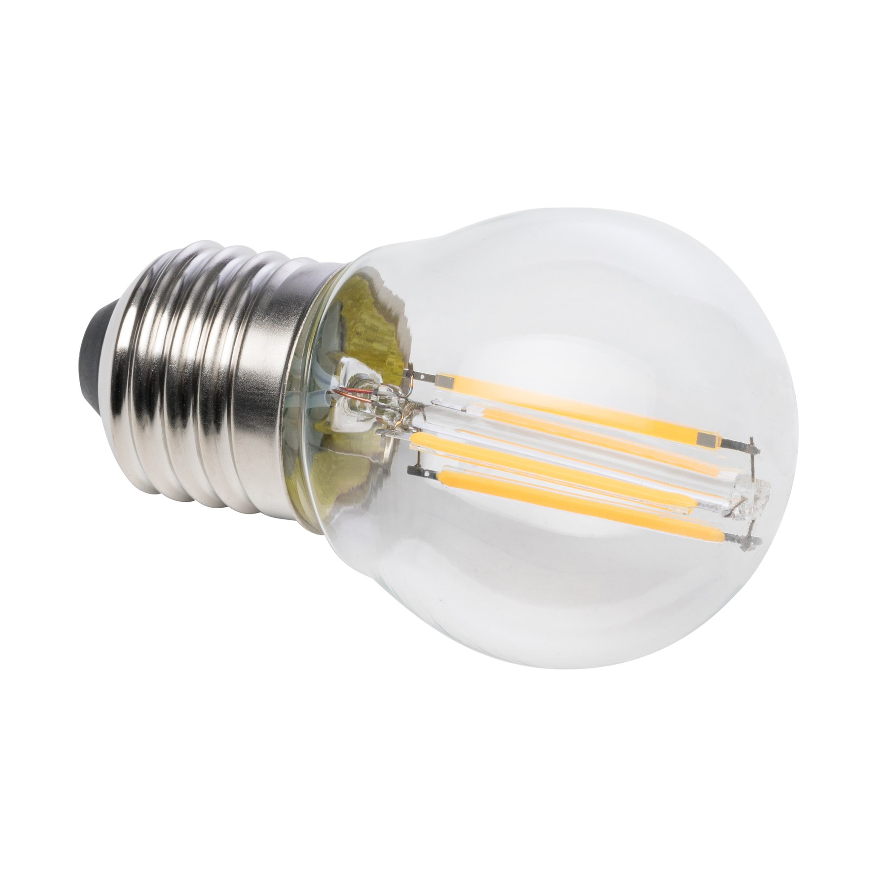 Przezroczysta, okrągła żarówka LED ze srebrną podstawą. W środku ma małe żółte światła. Tło jest białe.