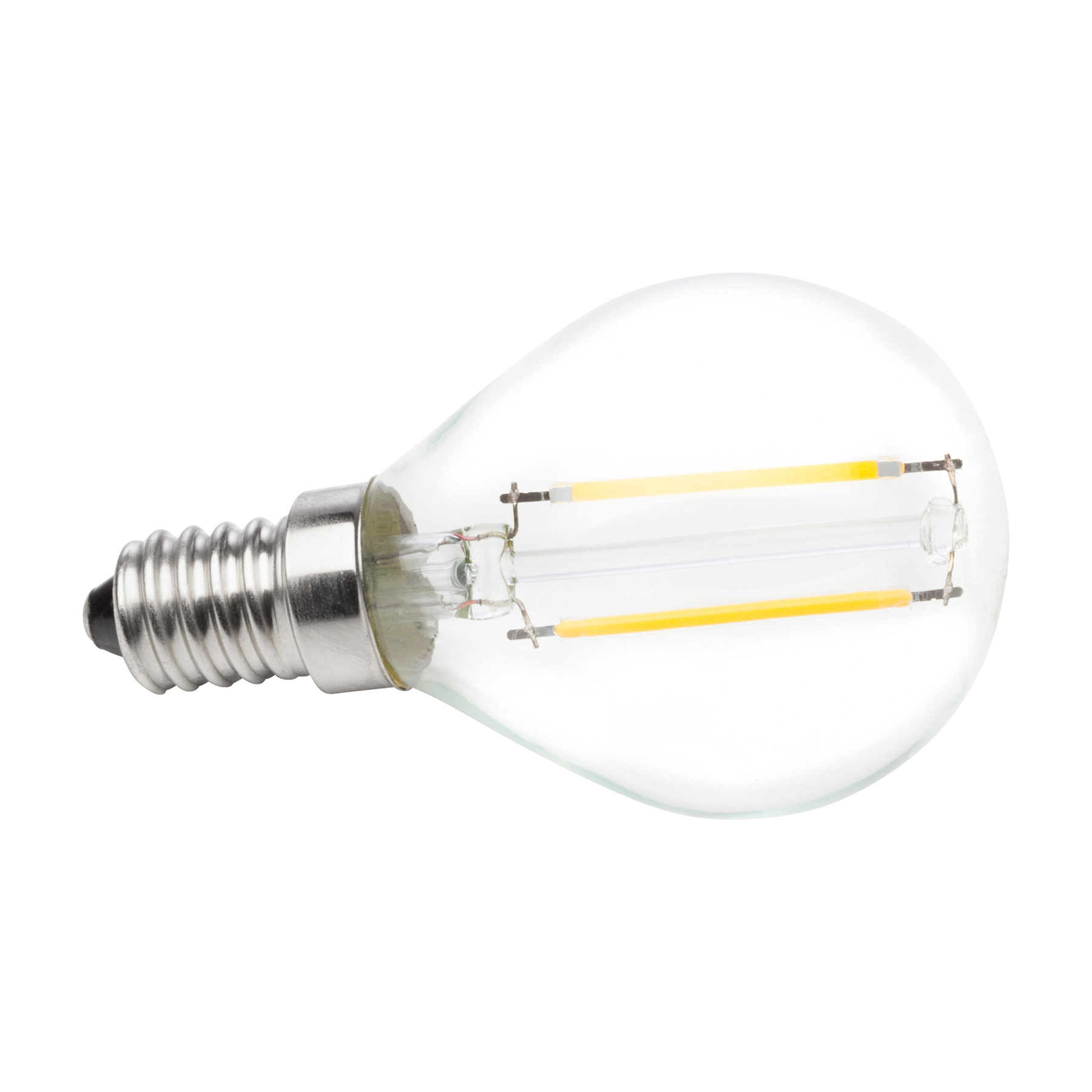 Przezroczysta żarówka LED ze srebrną podstawą i dwoma żółtymi paskami LED. Tło jest białe.
