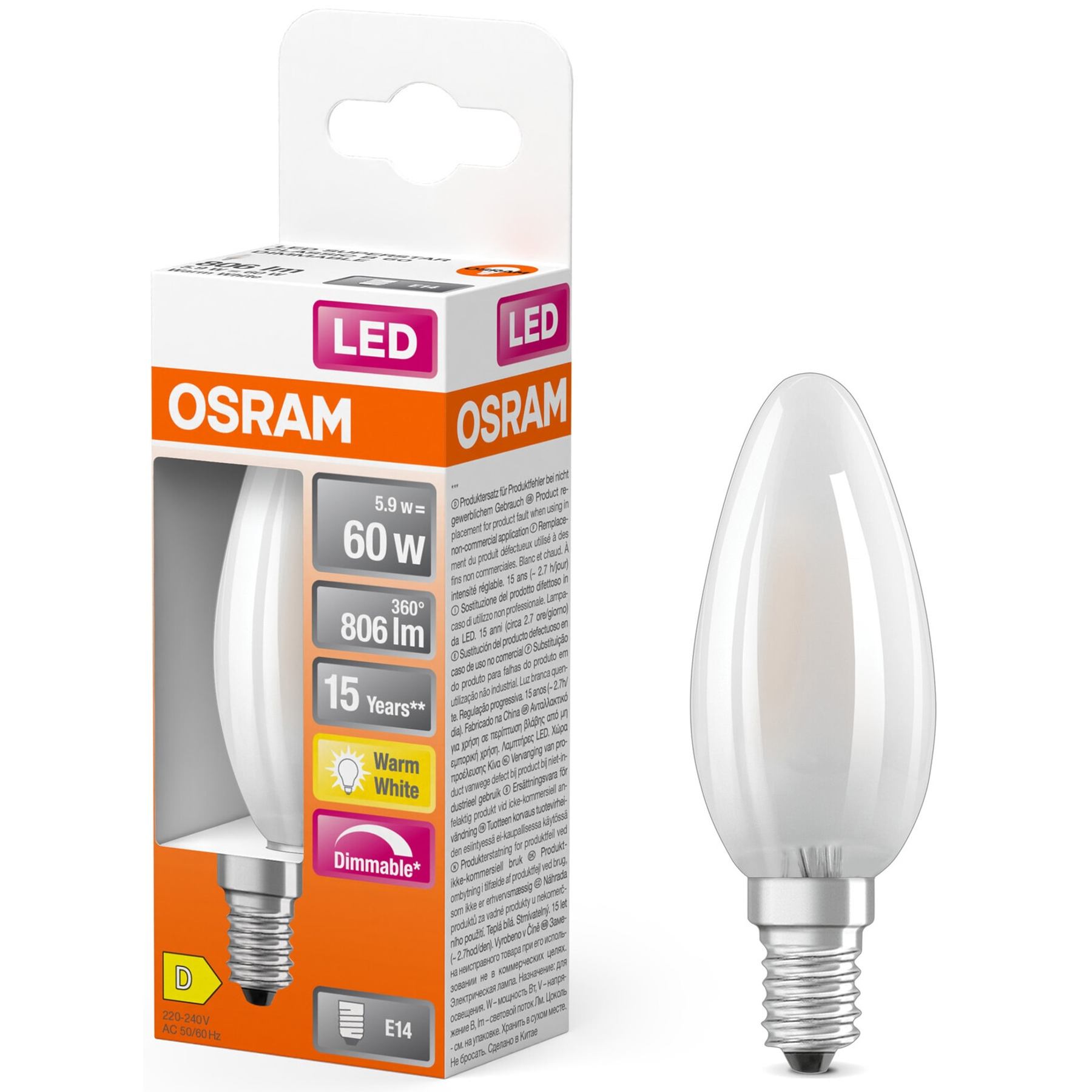 Una lampadina LED Osram nella sua confezione. La lampadina è a forma di candela, con finitura in vetro smerigliato. La scatola mostra le specifiche.