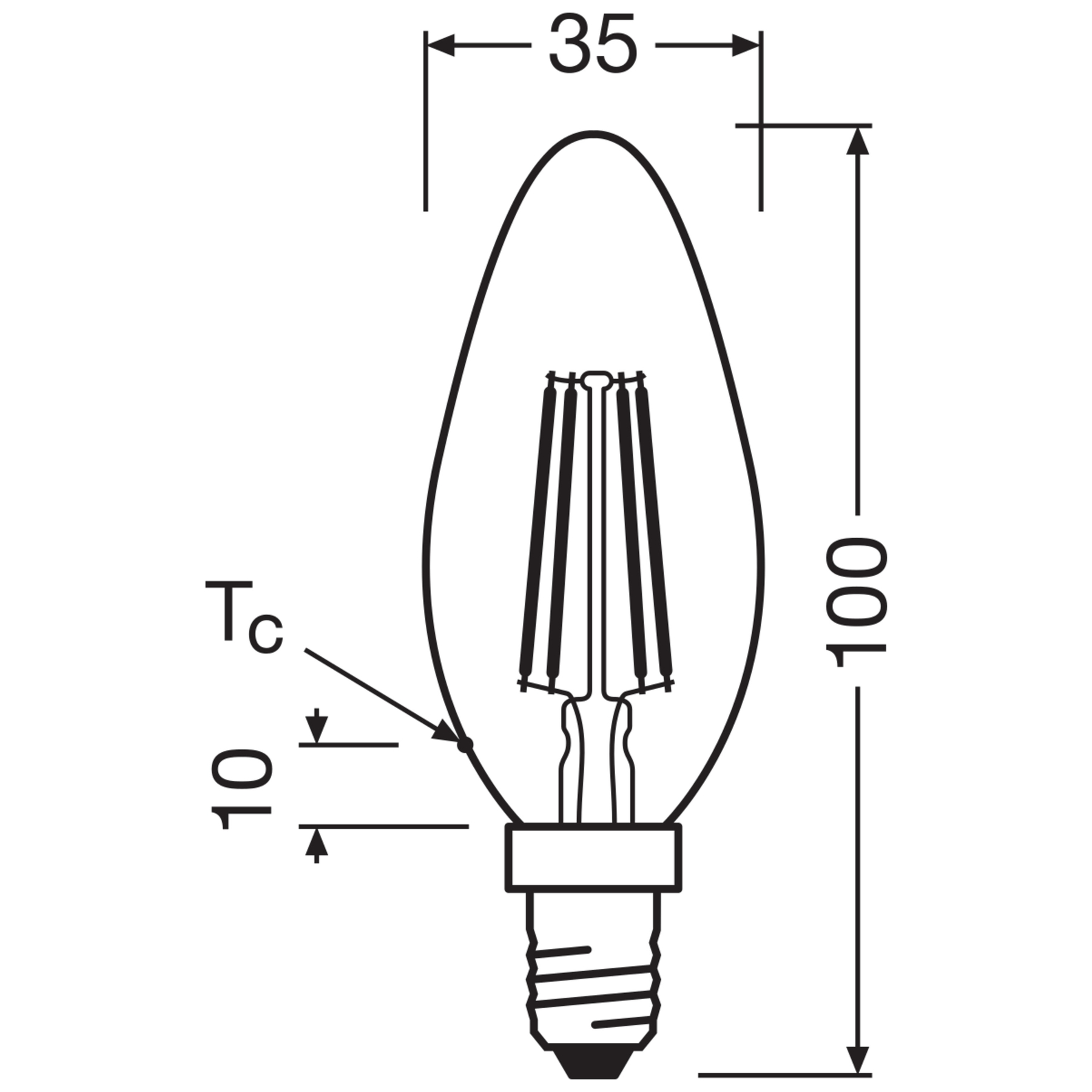 Un diagramma di una lampadina. Le dimensioni sono etichettate come 35 mm di larghezza e 100 mm di lunghezza. Sono presenti anche altre misure.
