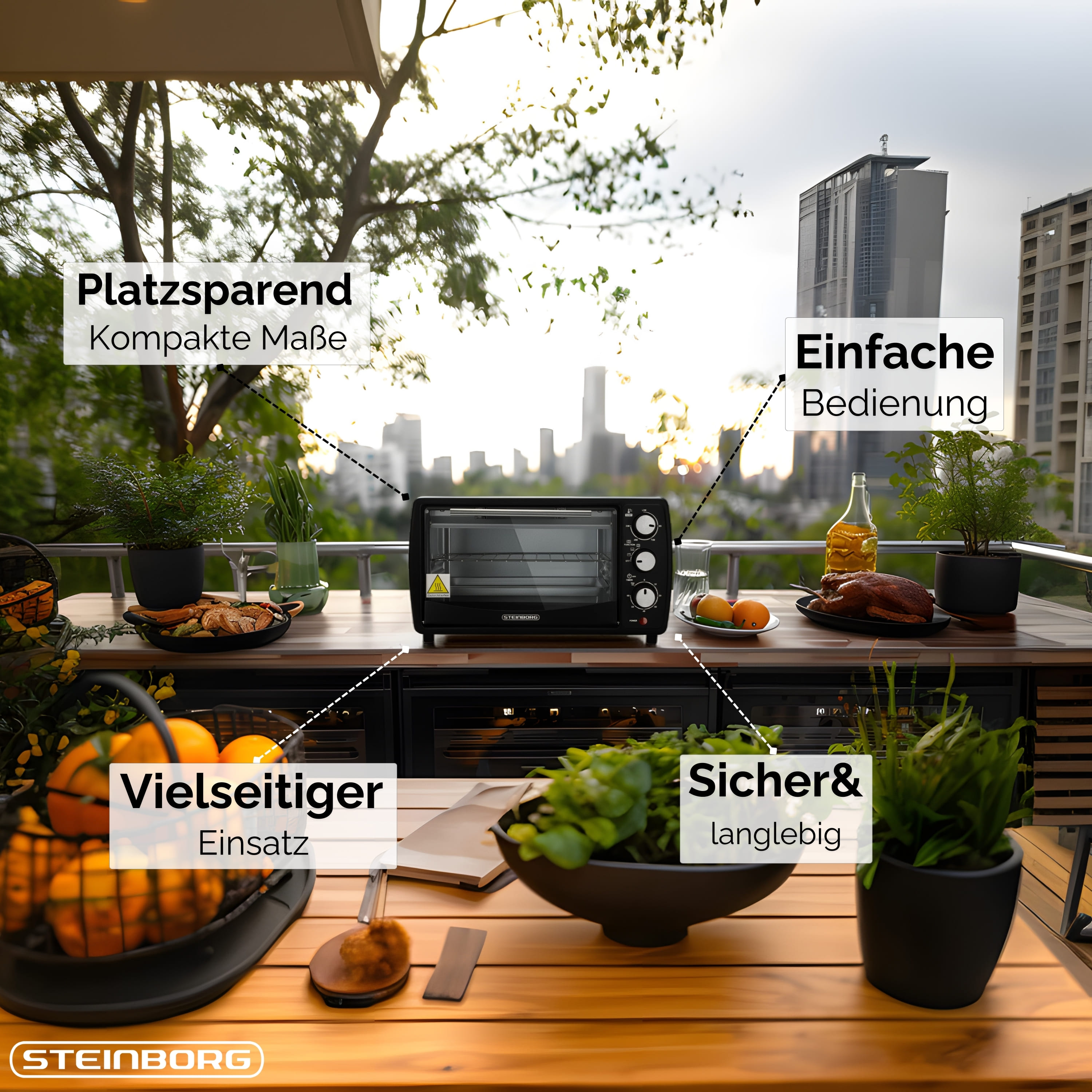 Eine Außenszene mit einem Ofen, Essen und Pflanzen auf einer Holztheke. Stadtgebäude sind im Hintergrund sichtbar.