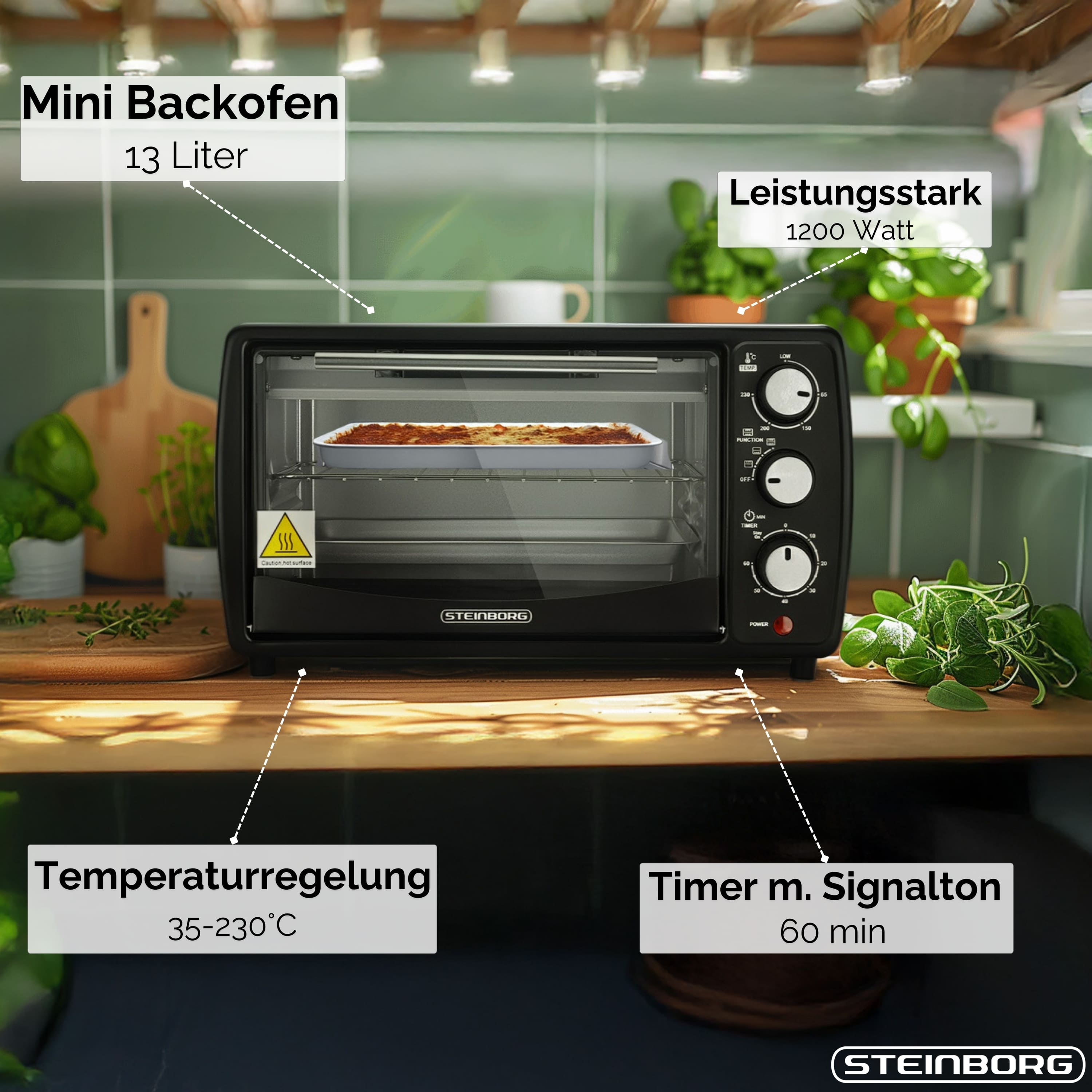 Ein schwarzer Mini-Backofen mit einem Backblech im Inneren. Der Ofen hat Bedienknöpfe mit Textbeschriftungen.