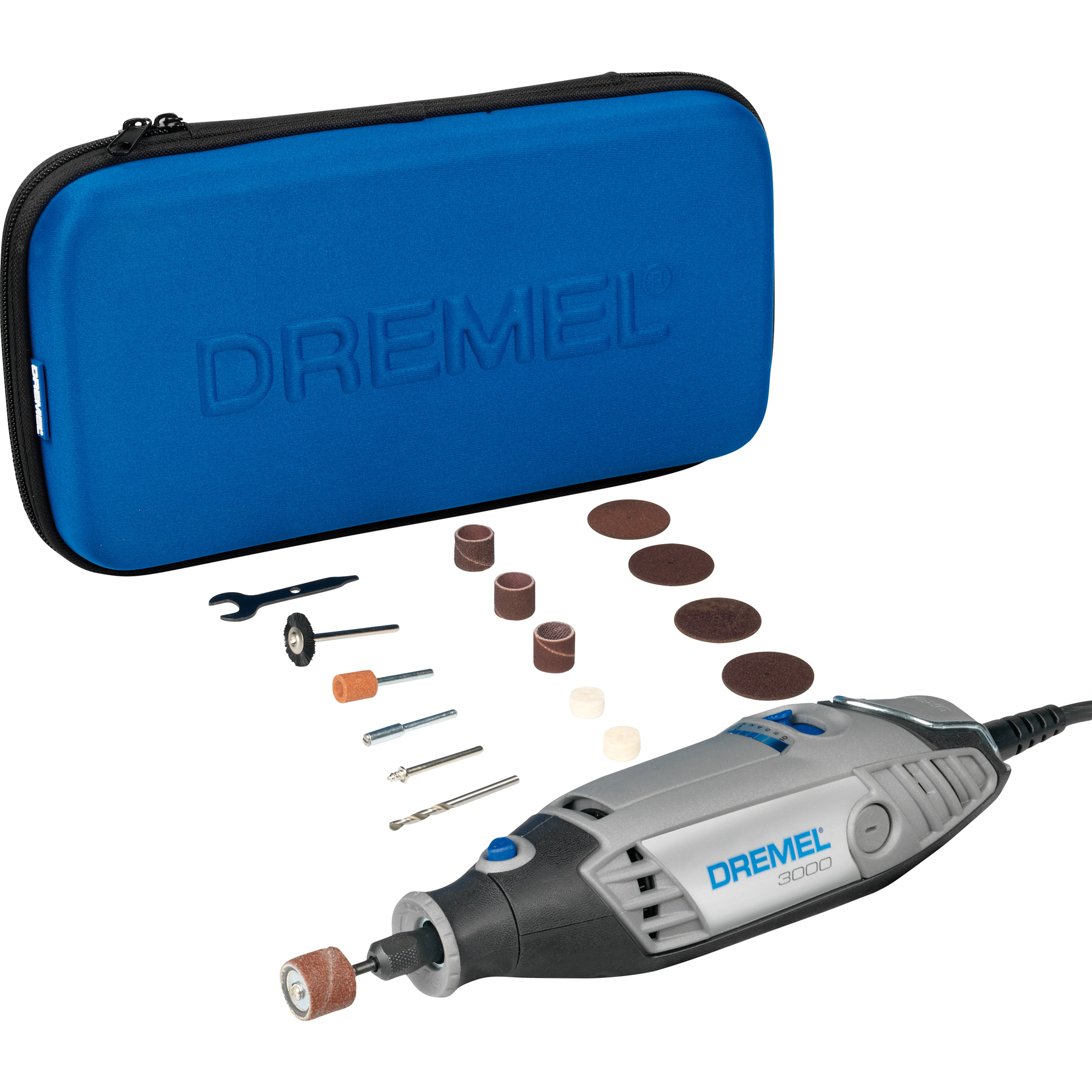 Ein Dremel-Rotationswerkzeug-Kit. Enthält eine blaue Tasche, Werkzeug und verschiedene Aufsätze.