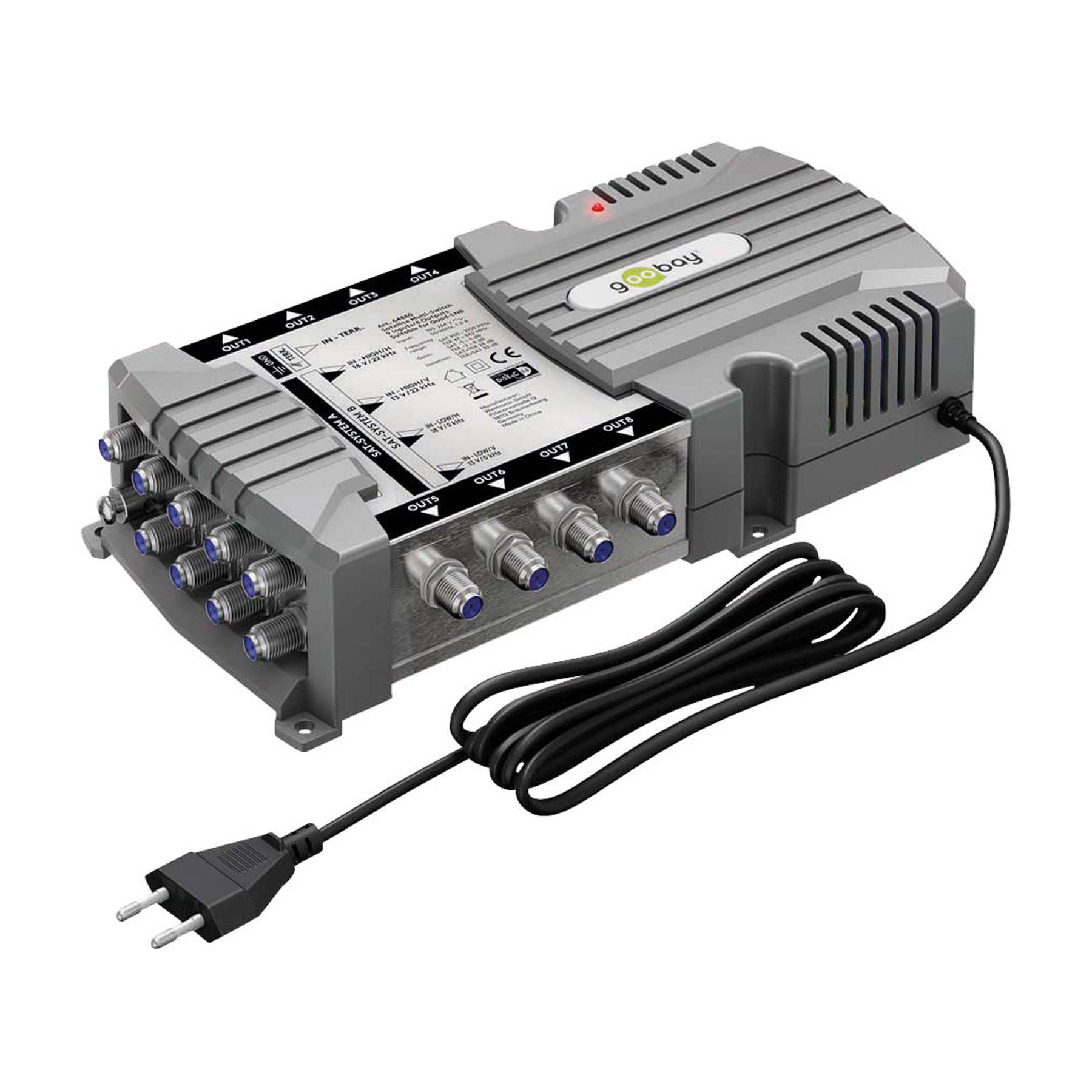 Ein grauer Goobay-Satelliten-Multischalter mit mehreren Ein-/Ausgängen, Netzkabel und Stecker.