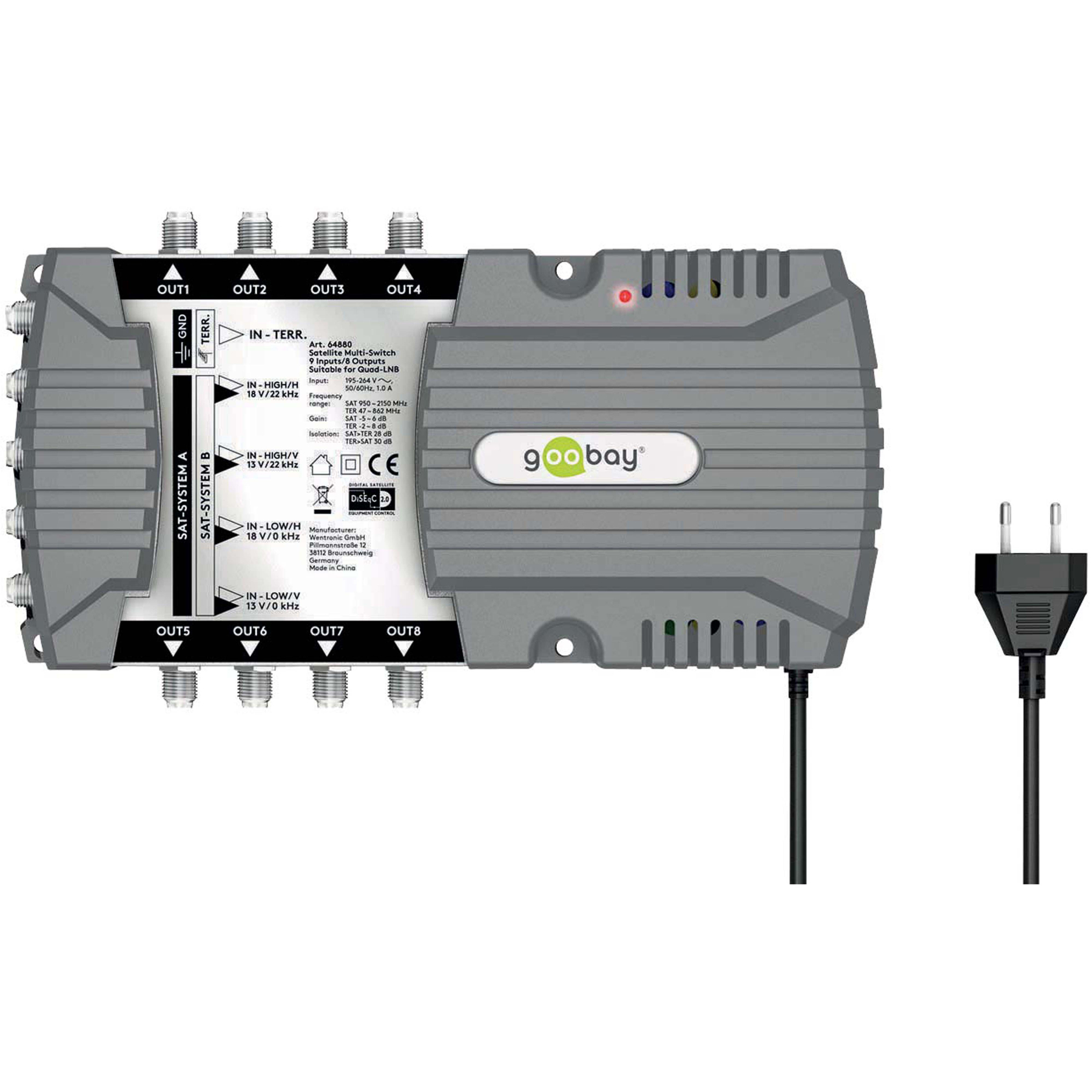 Ein grauer Satelliten-Multischalter mit mehreren Ein- und Ausgängen. Er hat ein Netzkabel und einen schwarzen Stecker. Die Marke ist goobay.