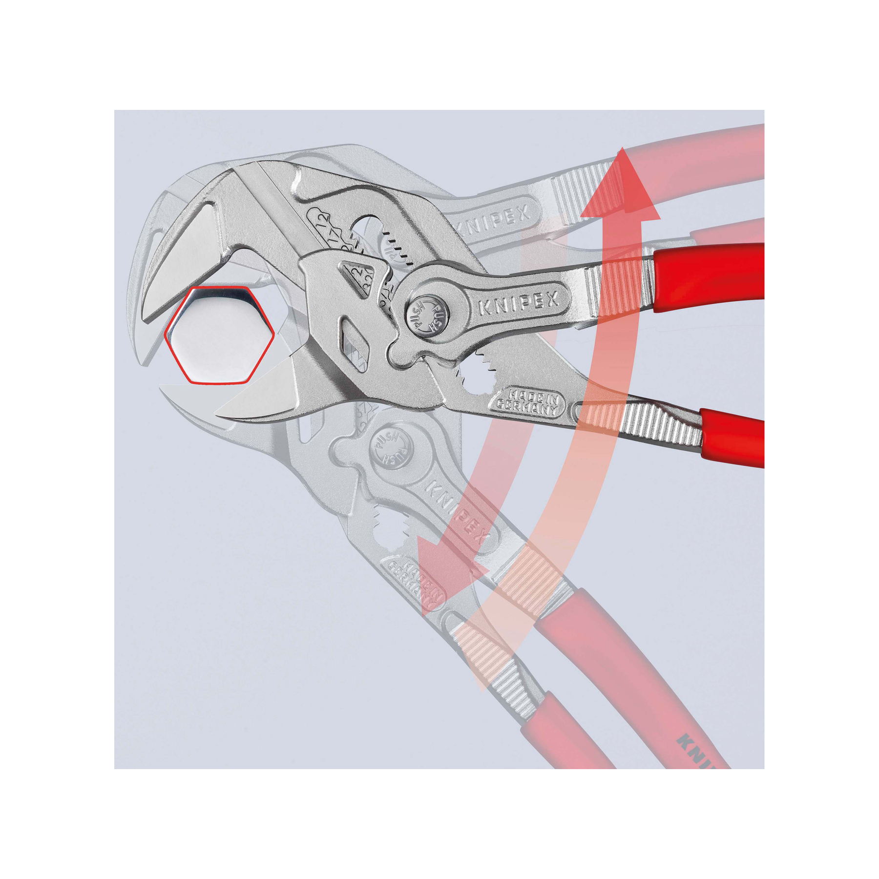 Szczypce nastawne z czerwonymi uchwytami. Zaciska śrubę sześciokątną. Tło jest jasnoszare.