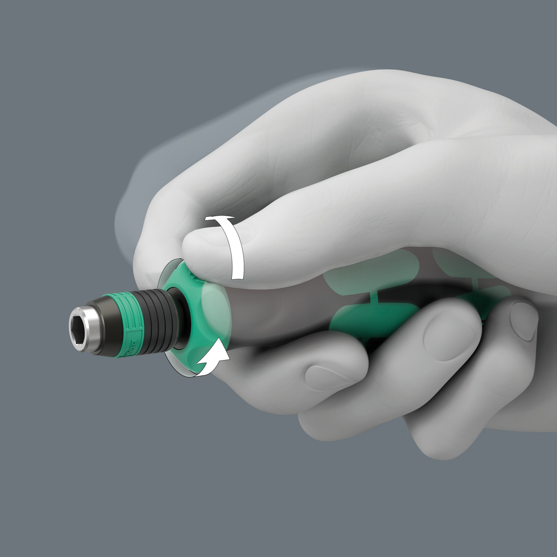 Dłoń trzyma śrubokręt z zielonym uchwytem. Strzałki wskazują obrót. Tło jest szare.